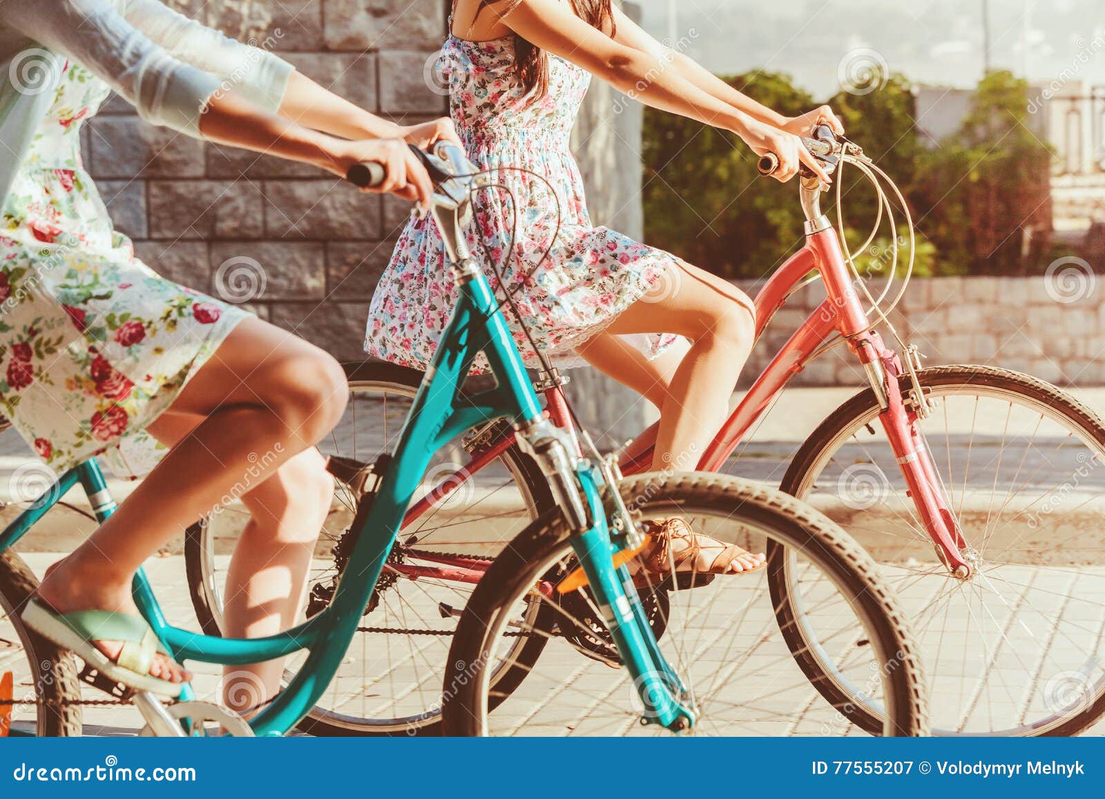 The Two Young Girls with Bicycles in Park Stock Image Image of