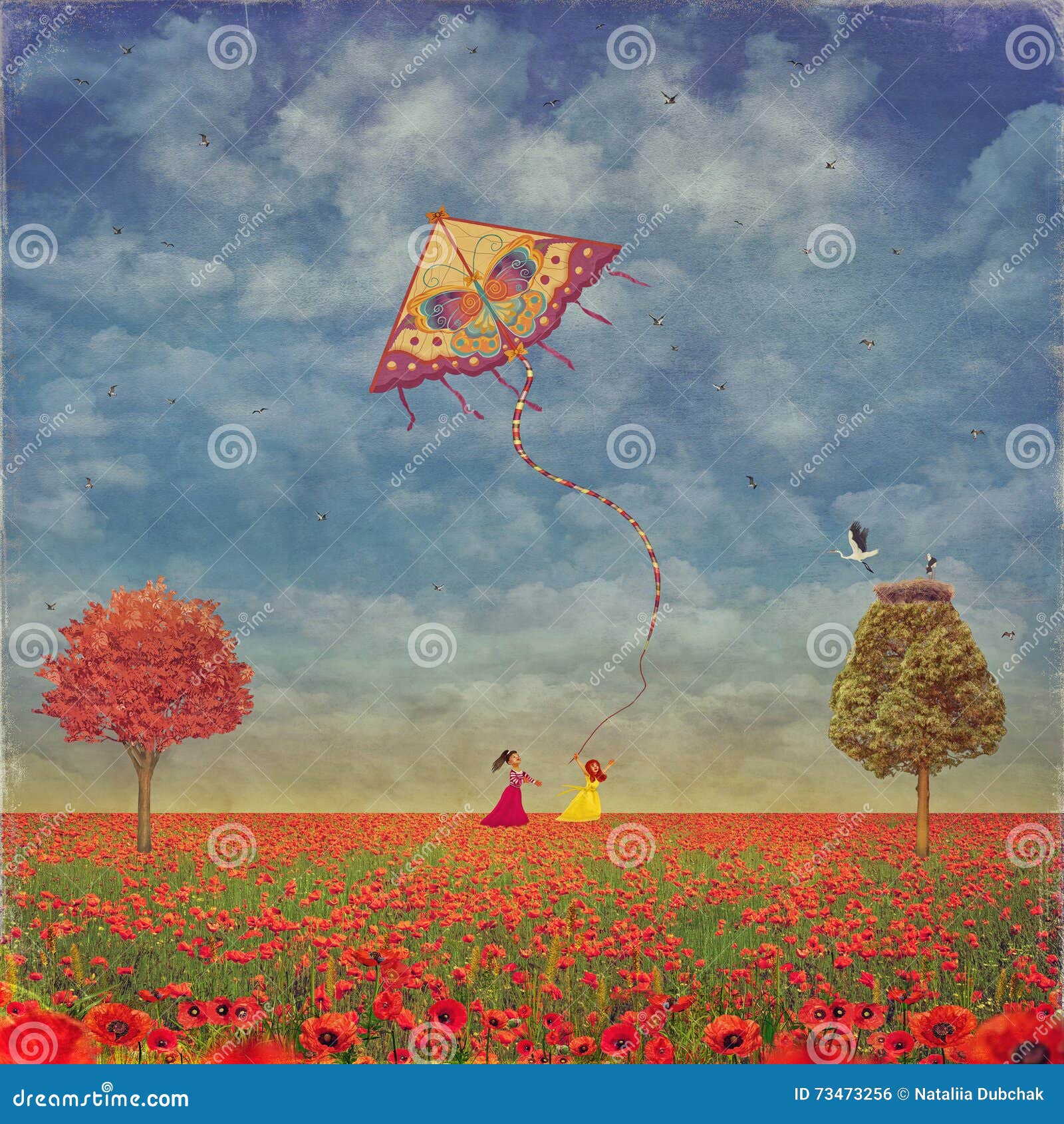 Two Young Girls with the Kite on the Field of Poppies Stock