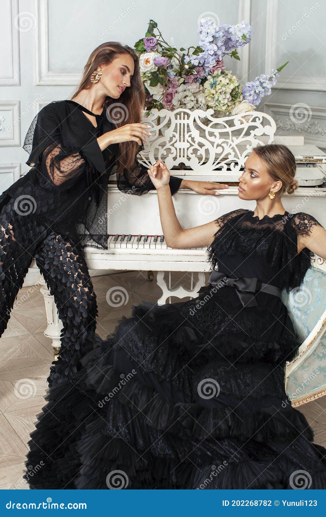 Two Young Pretty Lady in Black Lace Fashion Style Dress Posing in Rich  Interior of Royal Hotel Room, Luxury Lifestyle Stock Photo - Image of  interior, dress: 202268782