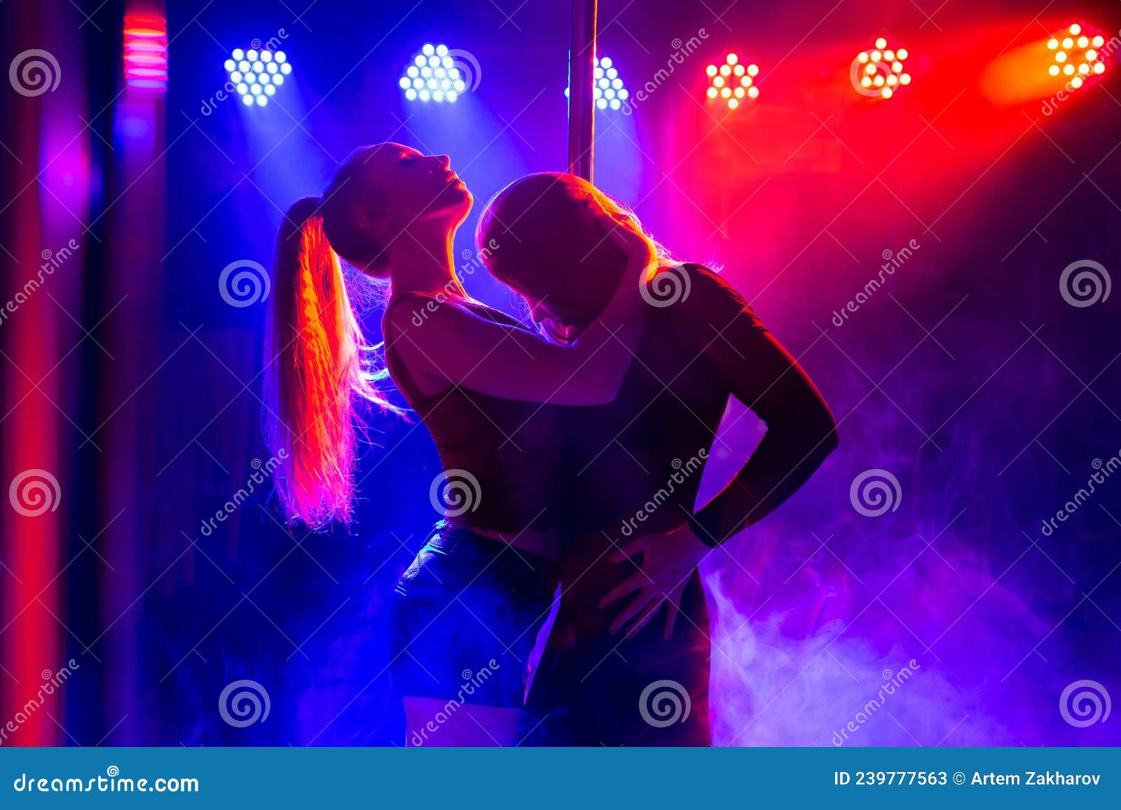 Two Young Women Dancing A Striptease Near The Pylon Stock Image Image Of Body Lingerie 239777563