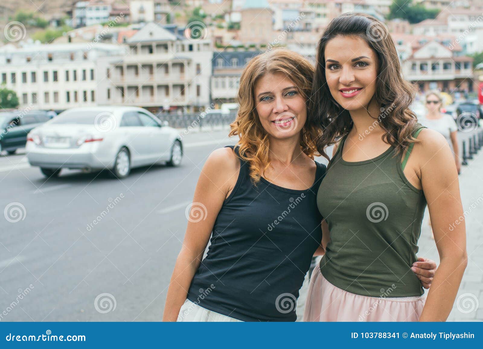 Two Young Women Tourist Walks the Streets of Tbilisi in Georgia Stock