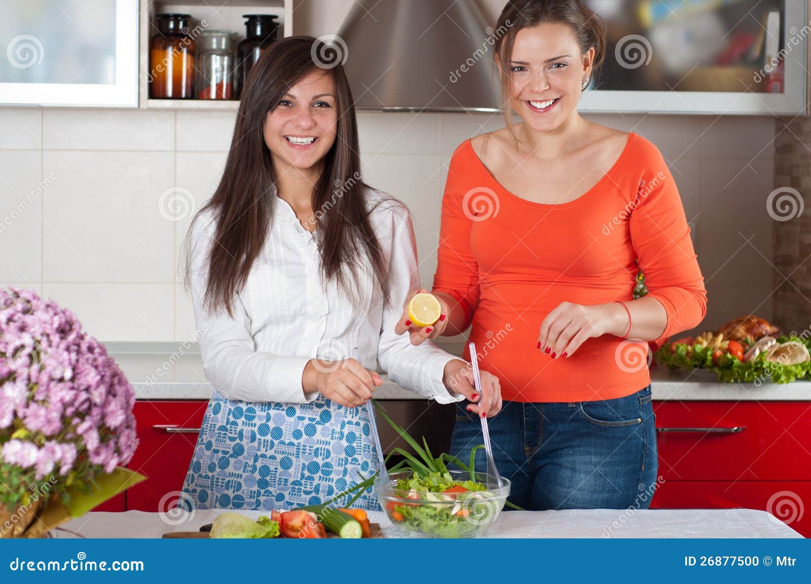 Two Young Women in Modern Kitchen Stock Photo Image of ingredients