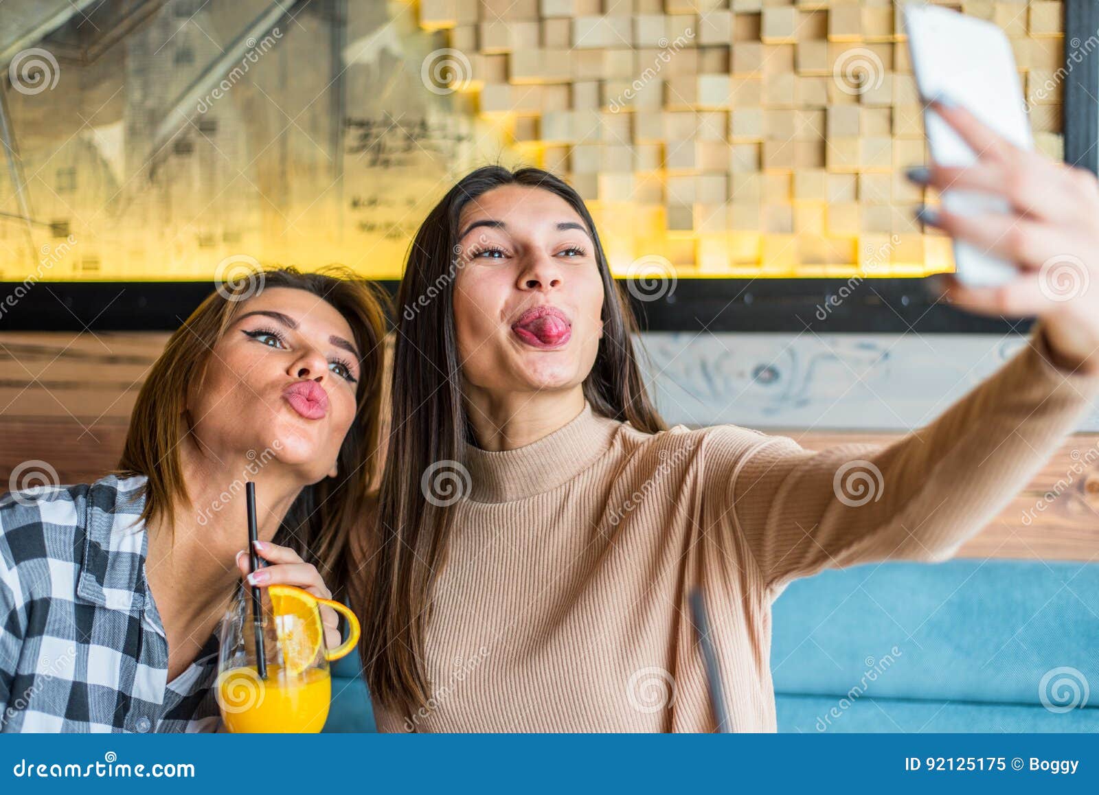 Two Young Women Taking Selfie In Cafe Stock Image Image Of Phone Portrait 92125175 