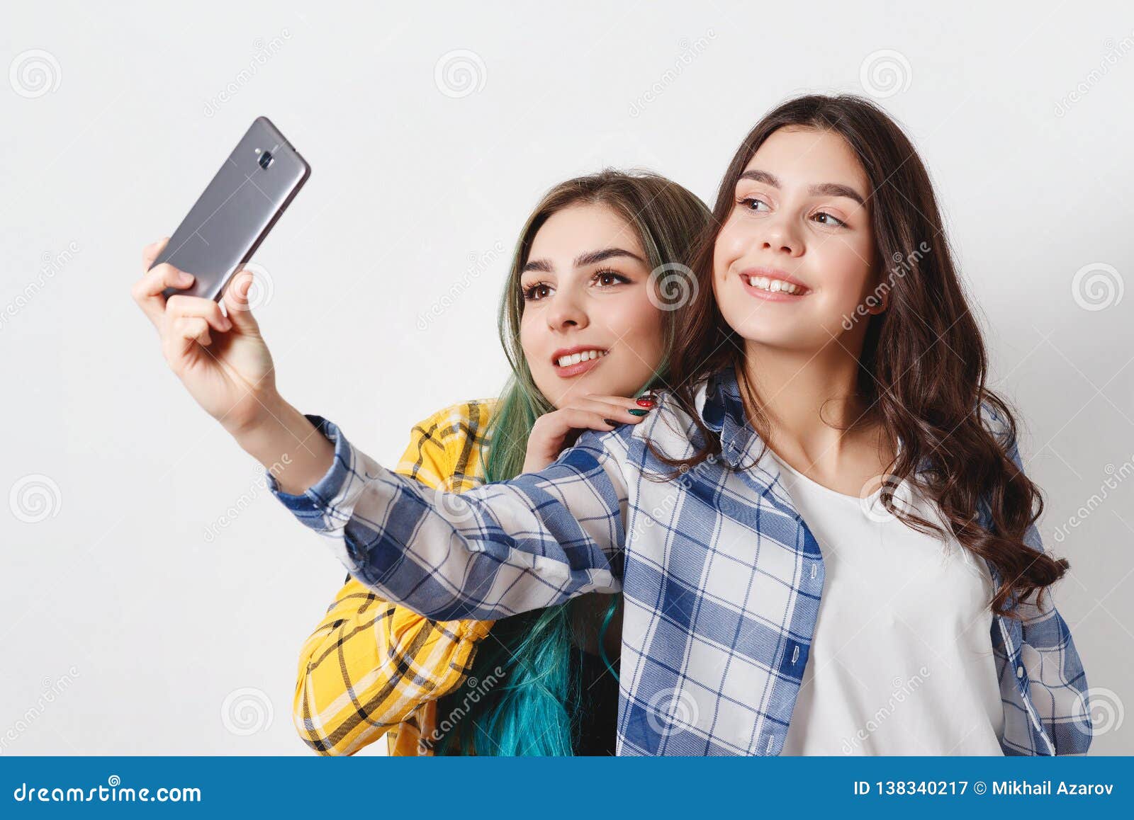 Two Young Women Taking Selfie with Mobile Phone. on White Stock Image ...