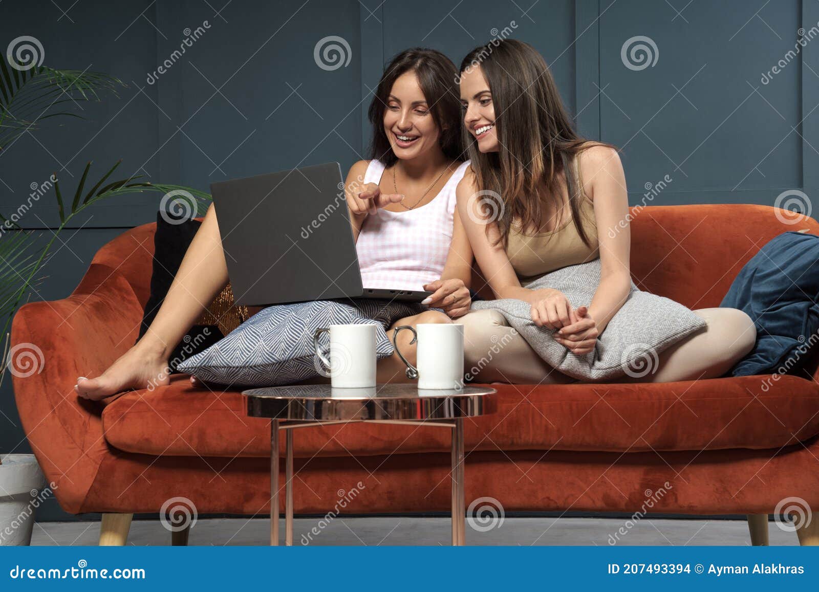 Two Young Women Watching Something Funny on Laptop and Laughing at Home ...