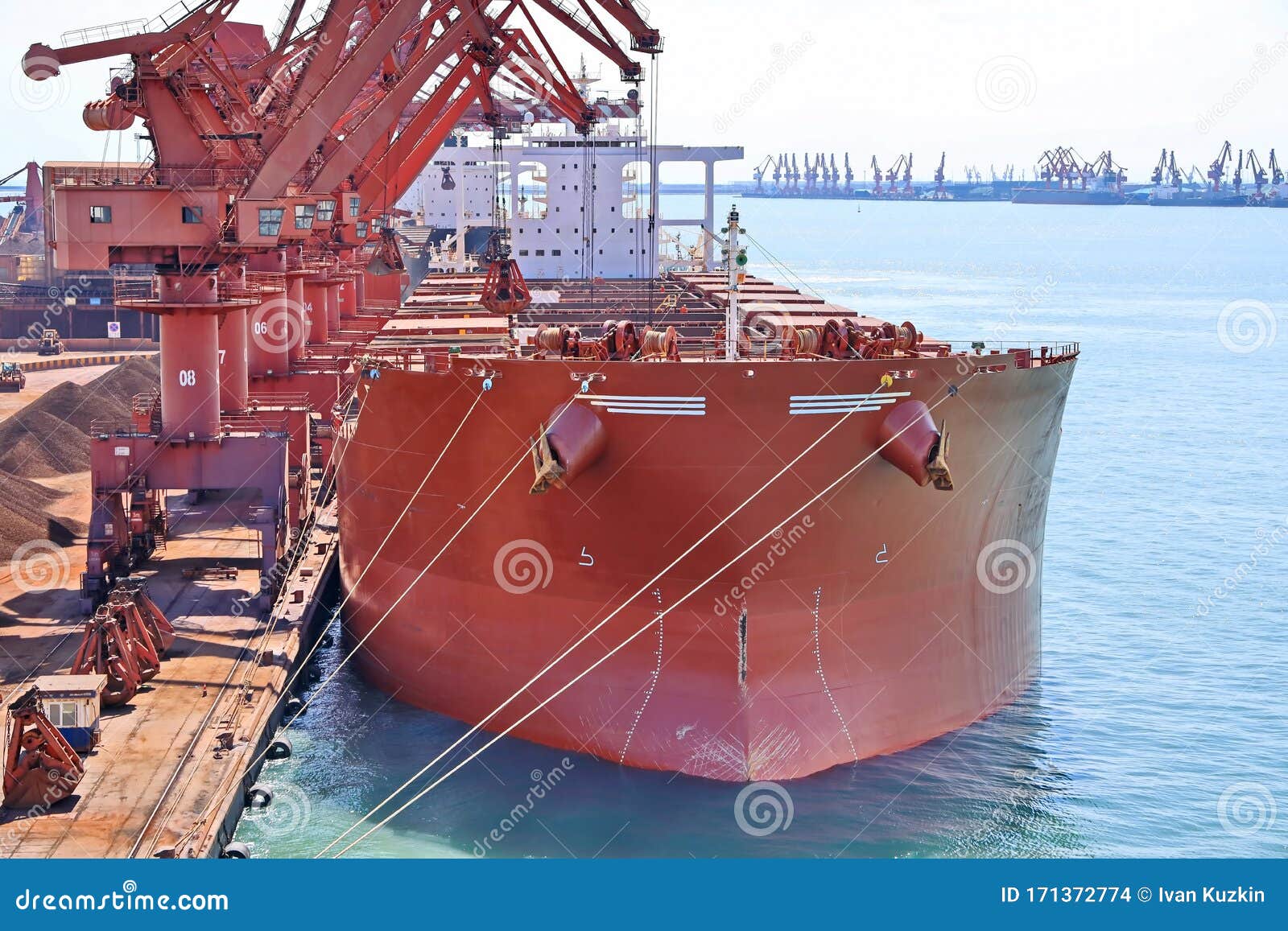 type of cargo terminal and cranes, berths for transshipment of bulk cargo iron ore. port rizhao, china