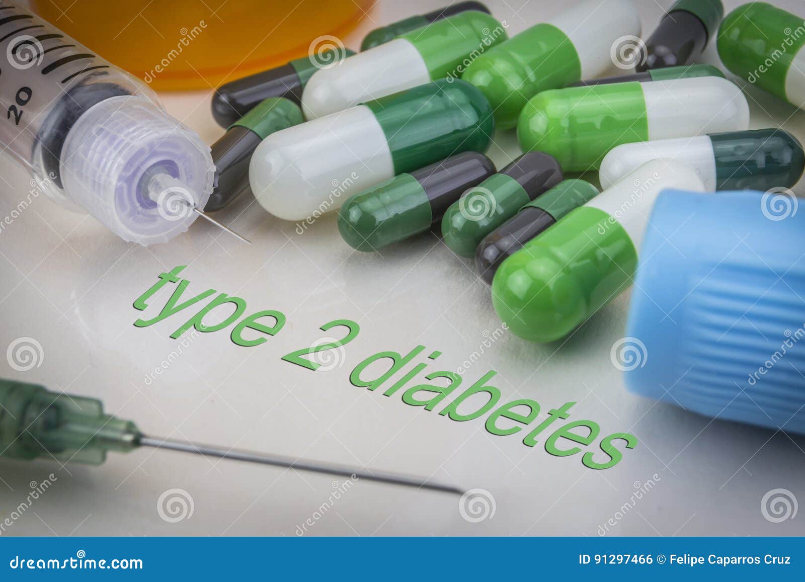 type 2 diabetes, medicines and syringes as concept