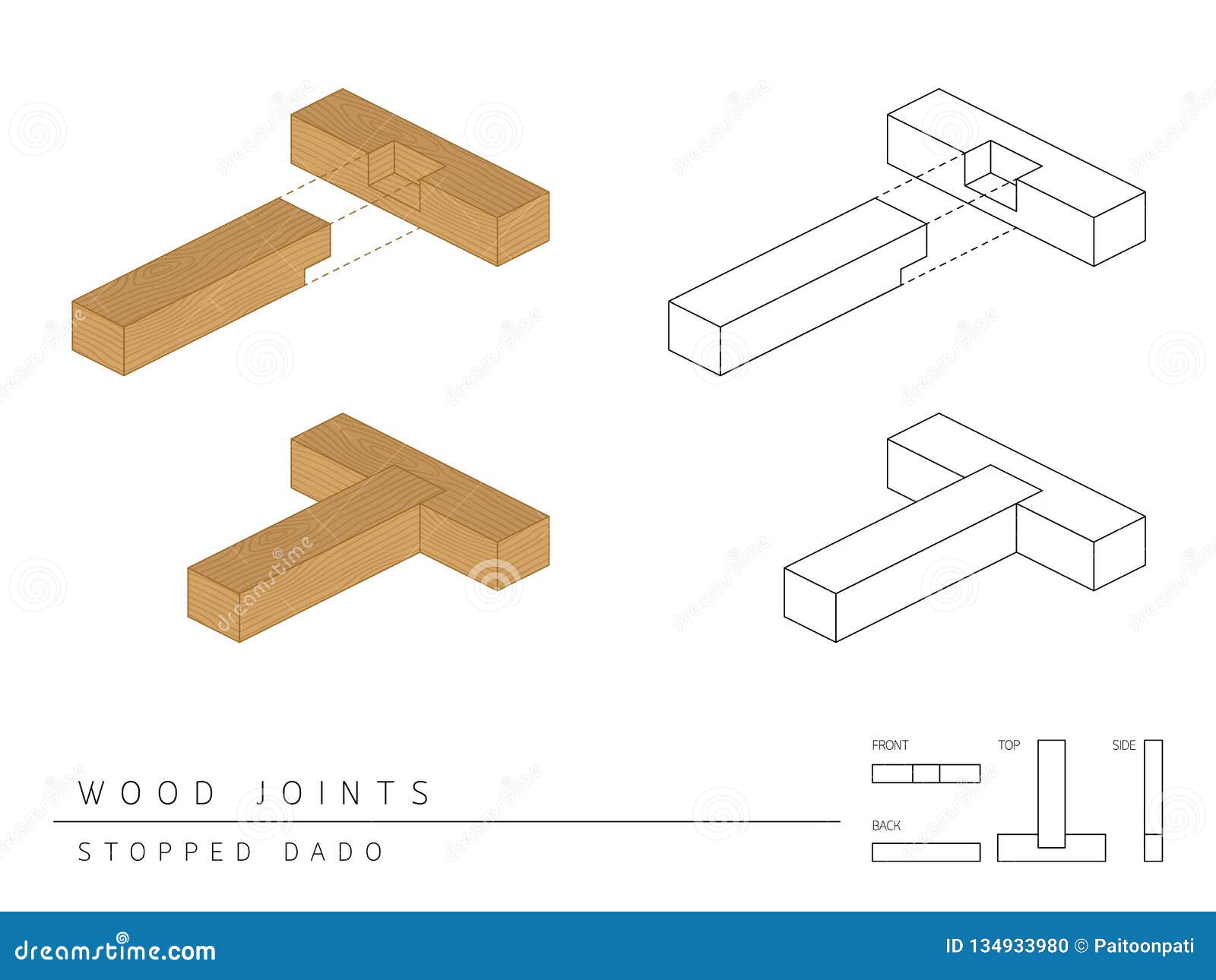 type of wood joint set stopped dado style, perspective 3d with top front side and back view  on white