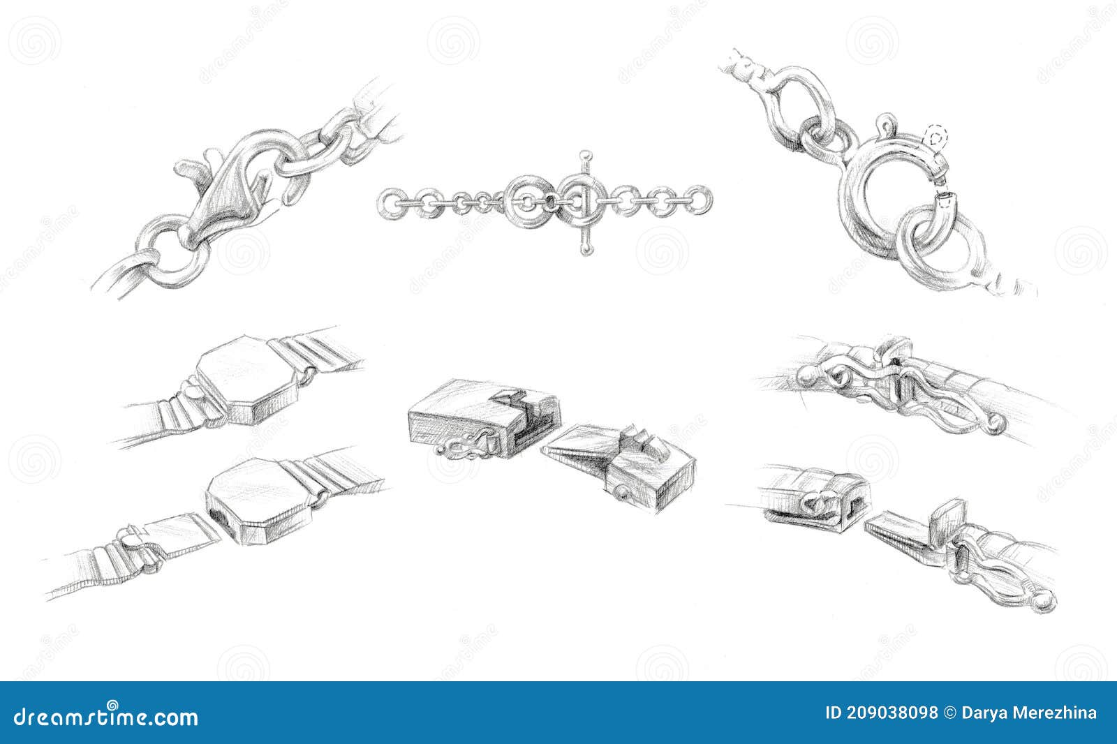 Types of Chains, Bracelets with Clasp, Jewelry Accessory, Hand Drawing