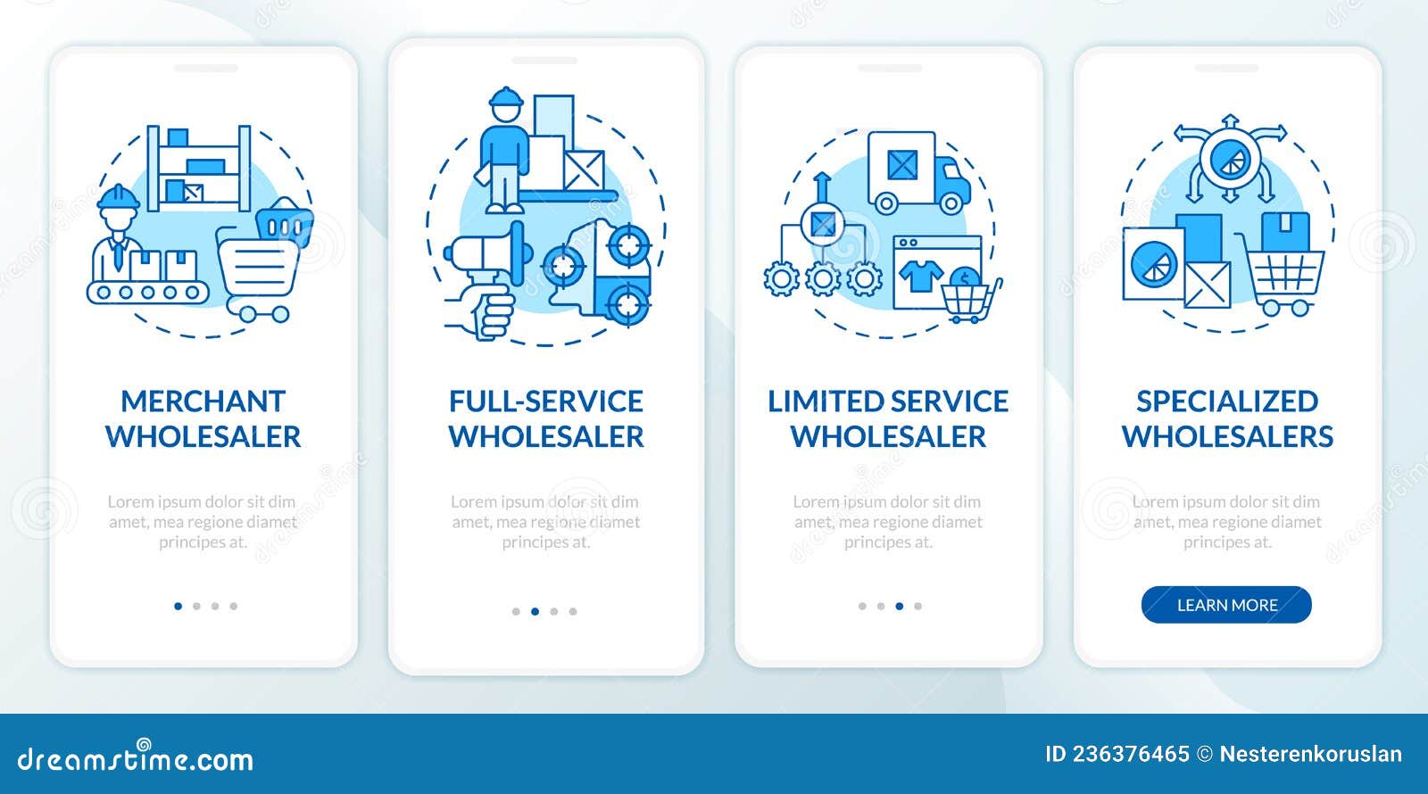 Types of Distributors Onboarding Mobile App Page Screen Stock Vector