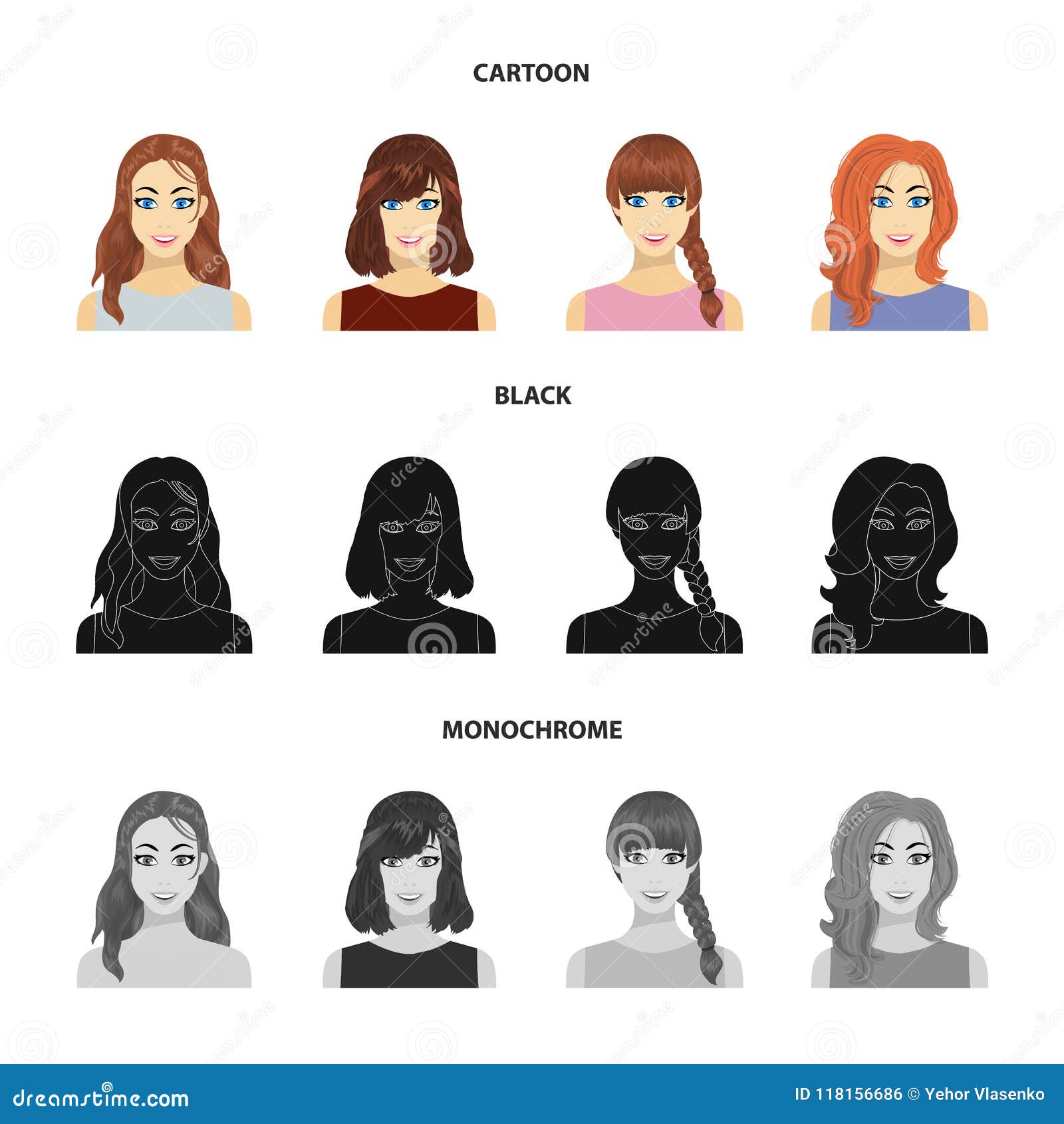 Types of Female Hairstyles Cartoon,black,monochrome Icons in Set Collection  for Design. Appearance of a Woman Vector Stock Vector - Illustration of  black, hairstyle: 118156686
