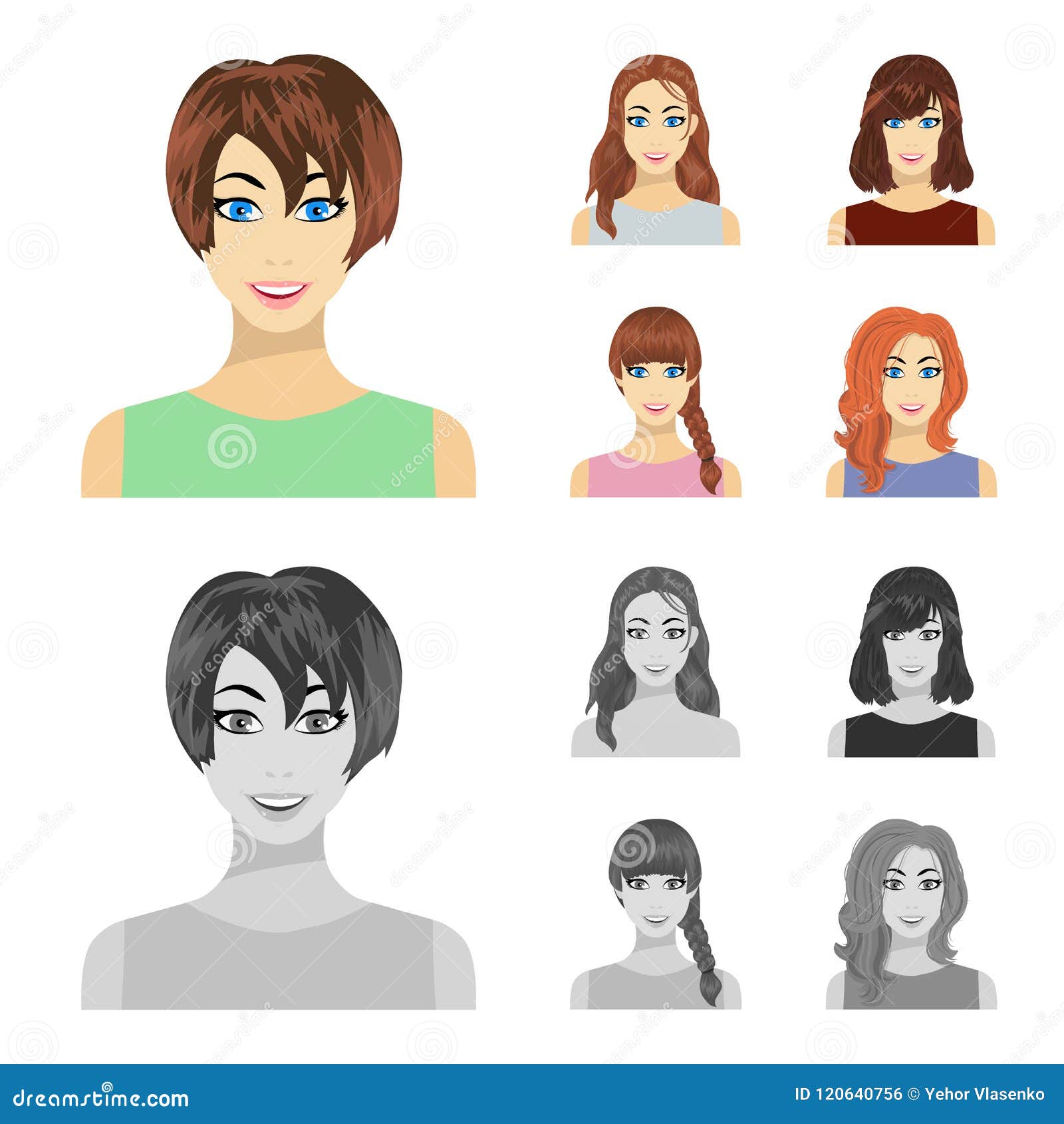 types of female hairstyles cartoon,monochrome icons in set