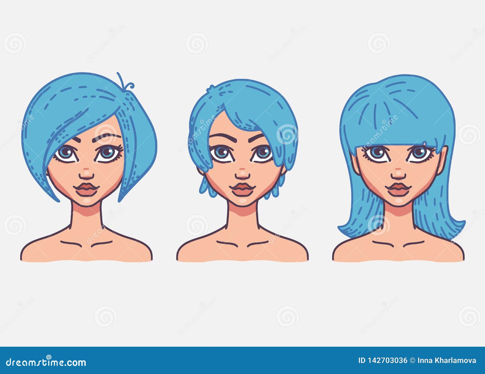 Types of Female Hairstyles. Stock Vector Illustration of line