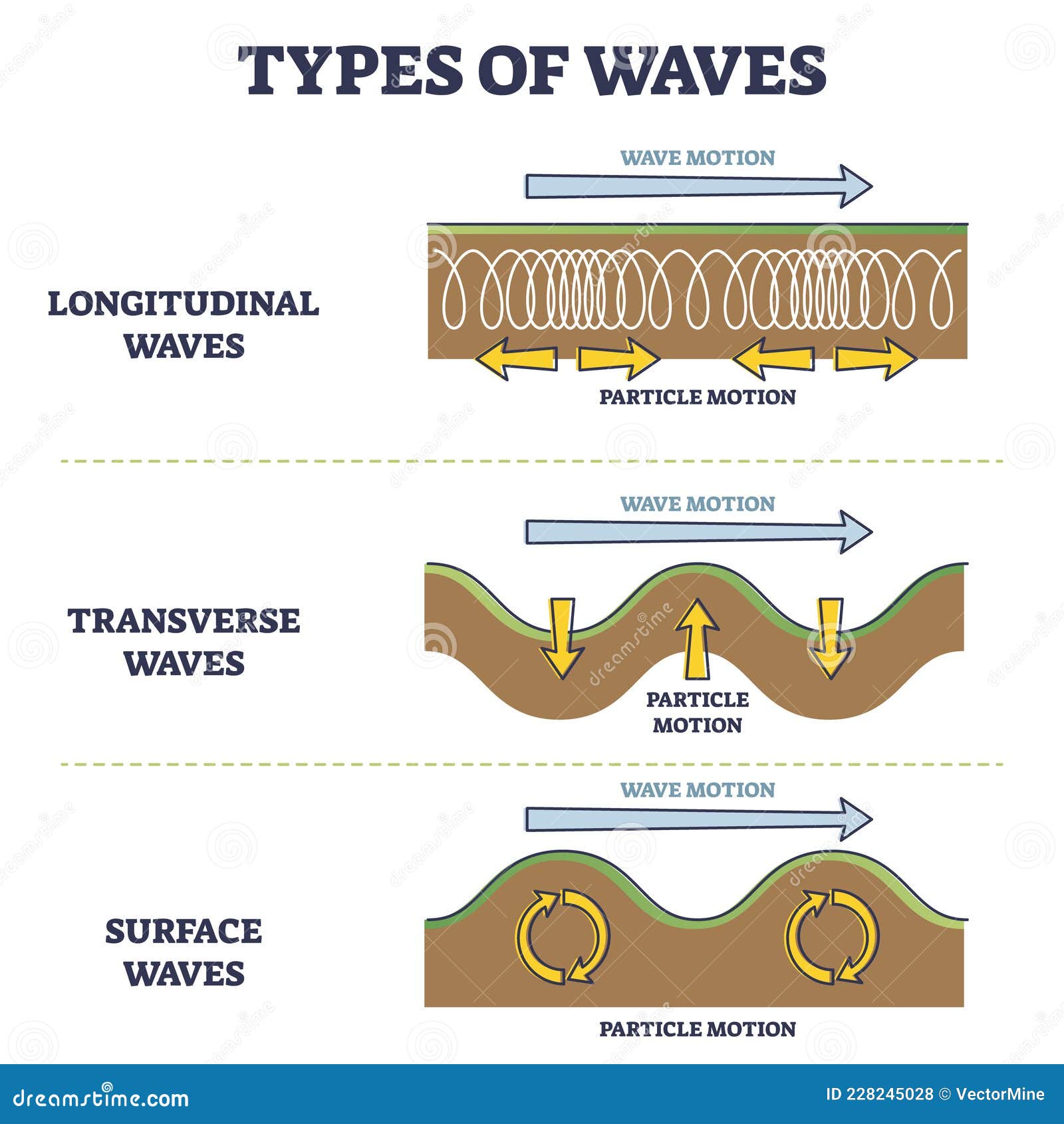 types of longitudinal, transverse and surface waves examples outline diagram