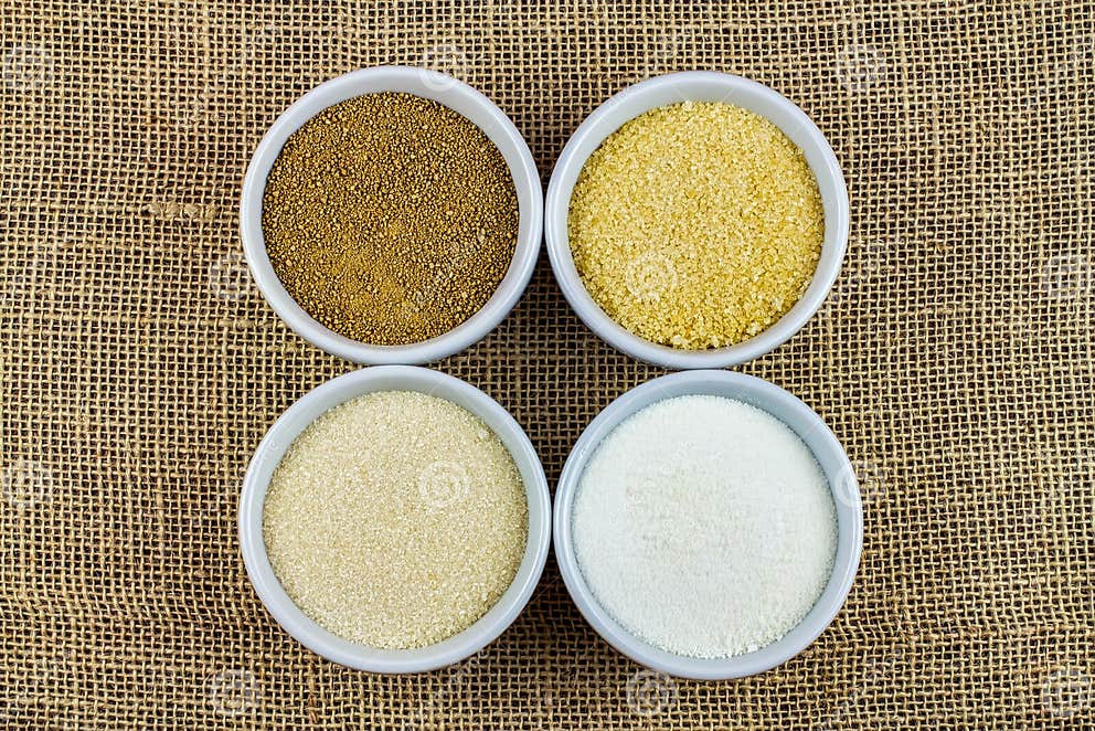 Types of Sugars. 4 Types of Sugar, Brown Sugar, Demerara, Crystal Sugar and Refined Sugar in