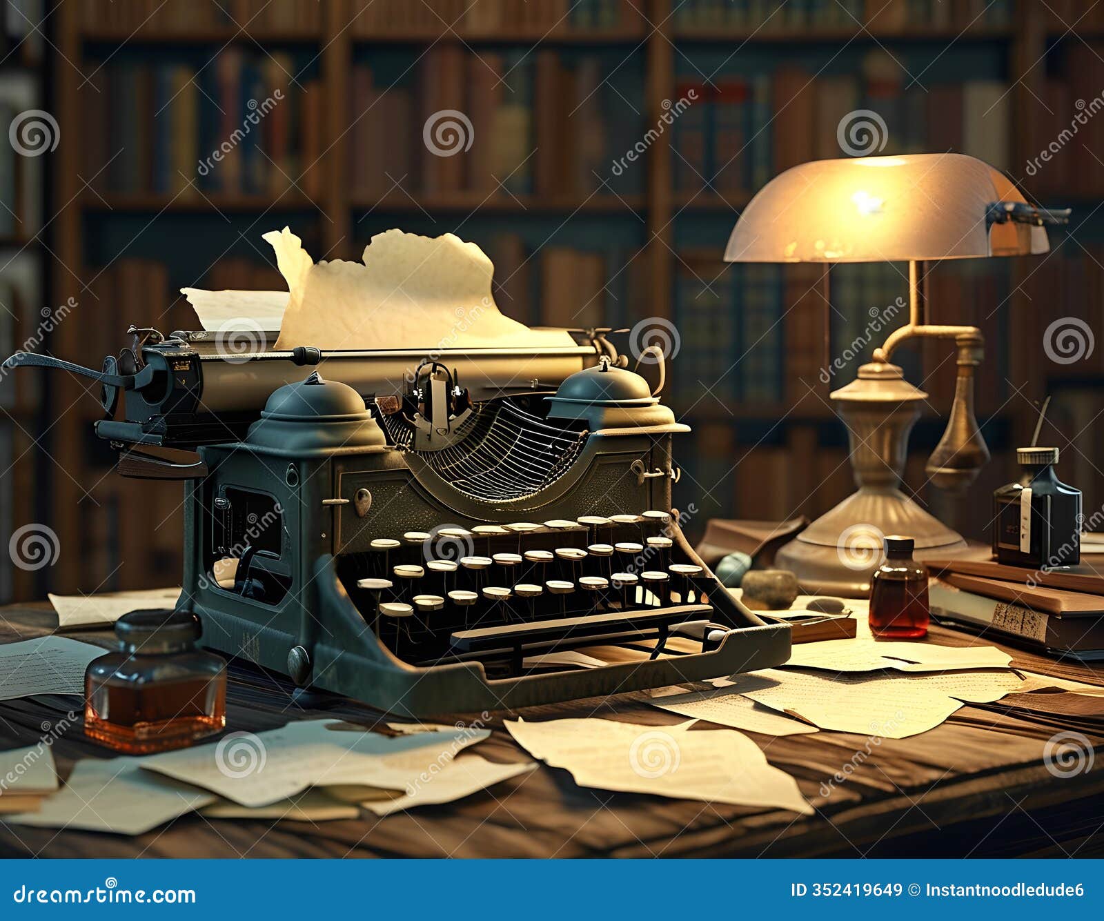 a typewriter sitting on a desk with a lamp and books