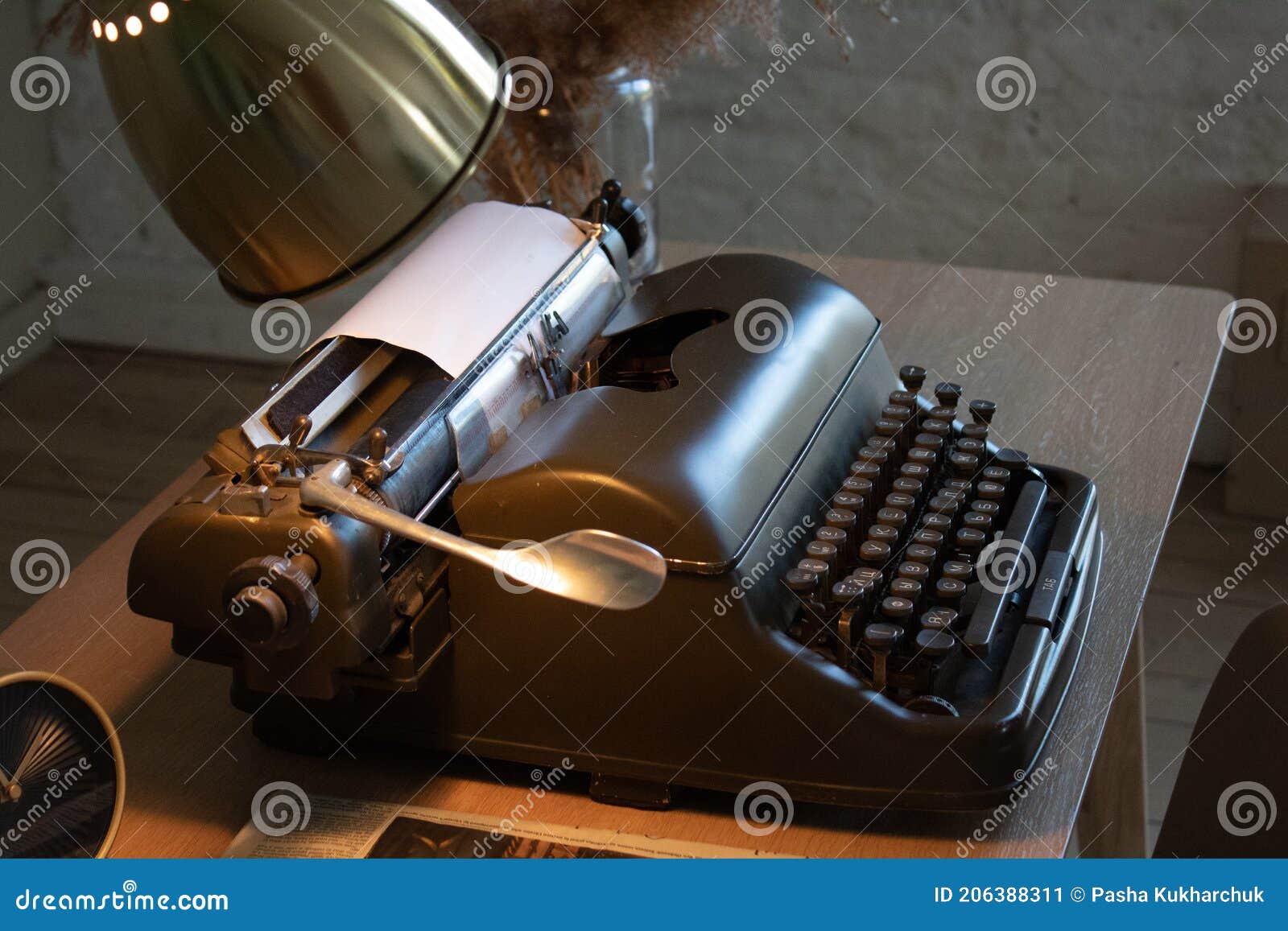 Typewriter on the Table with a Table Lamp Stock Image Image of