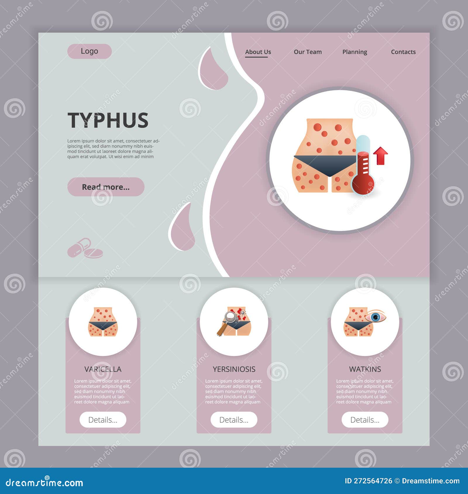 typhus flat landing page website template. varicella, yersiniosis, watkins. web banner with header, content and footer