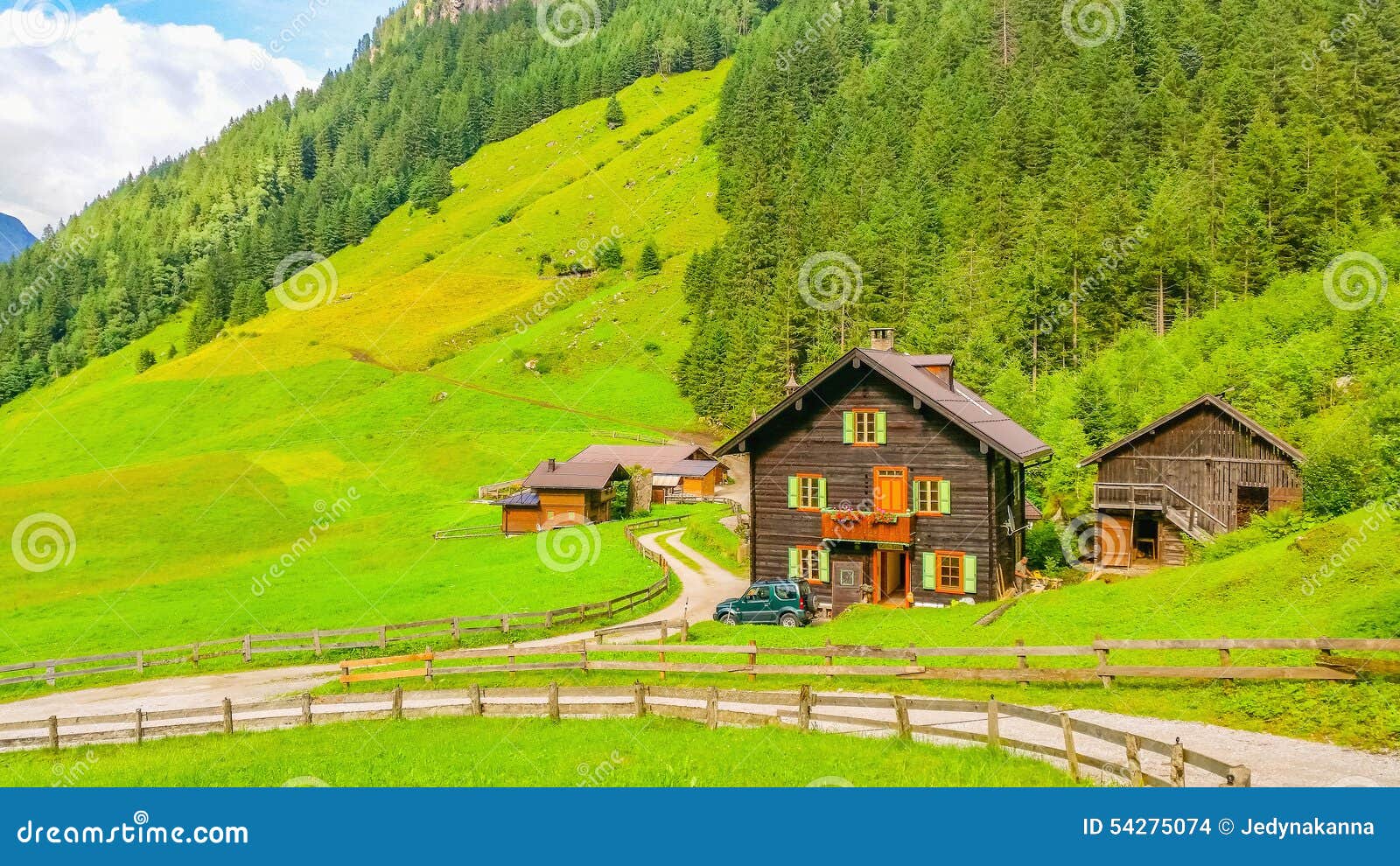 Typical Alpine Buildingm Green Meadows In Austria Stock Photo Image