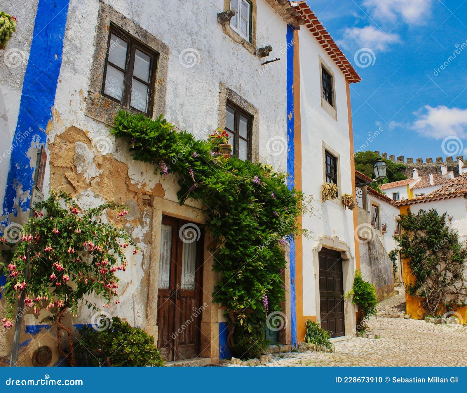 wooden windows and old facades in the village of obidos, portugal.