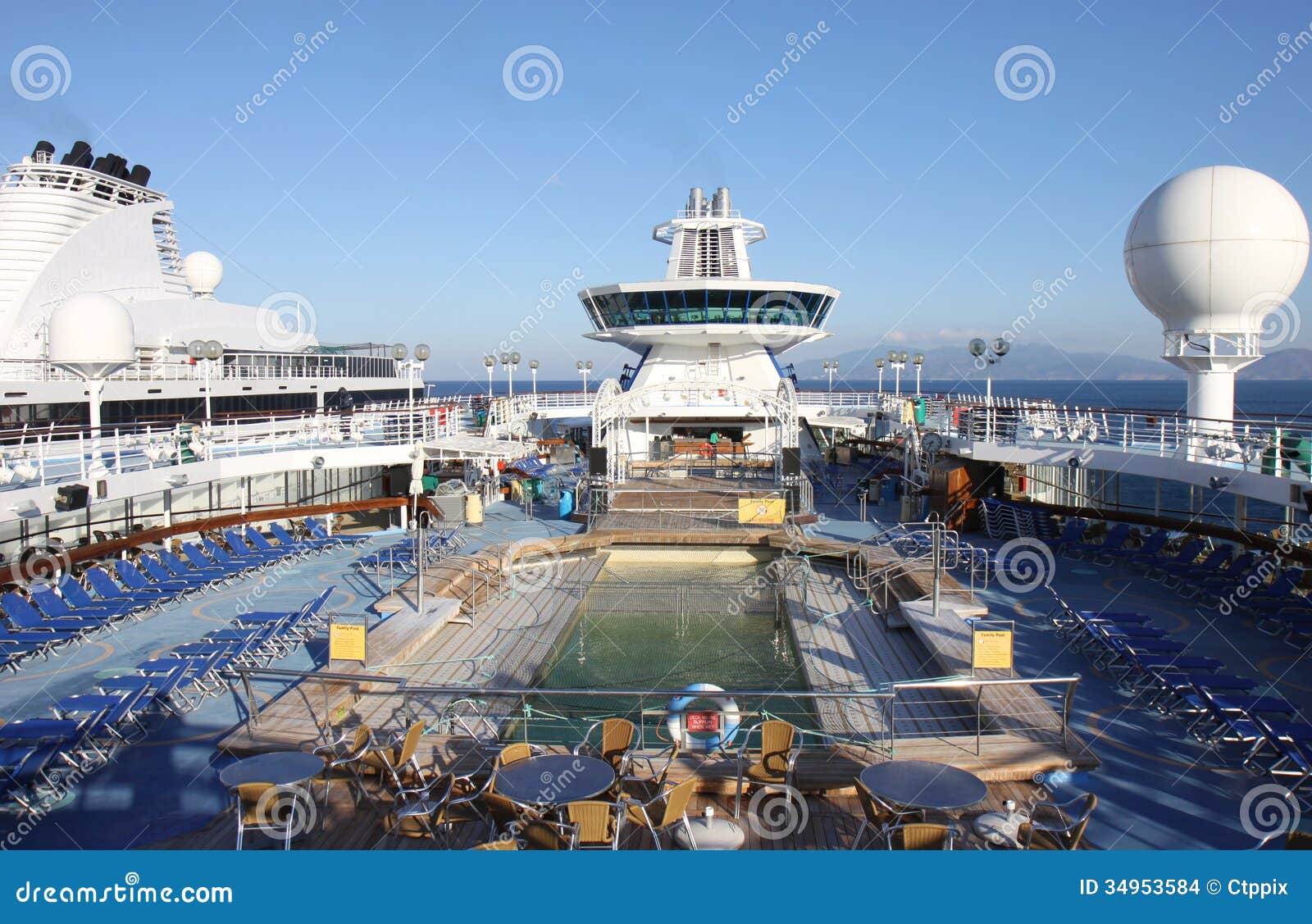 Typical Cruise Ship Deck with Swimming Pool,sunbeds and Bar Stock Photo