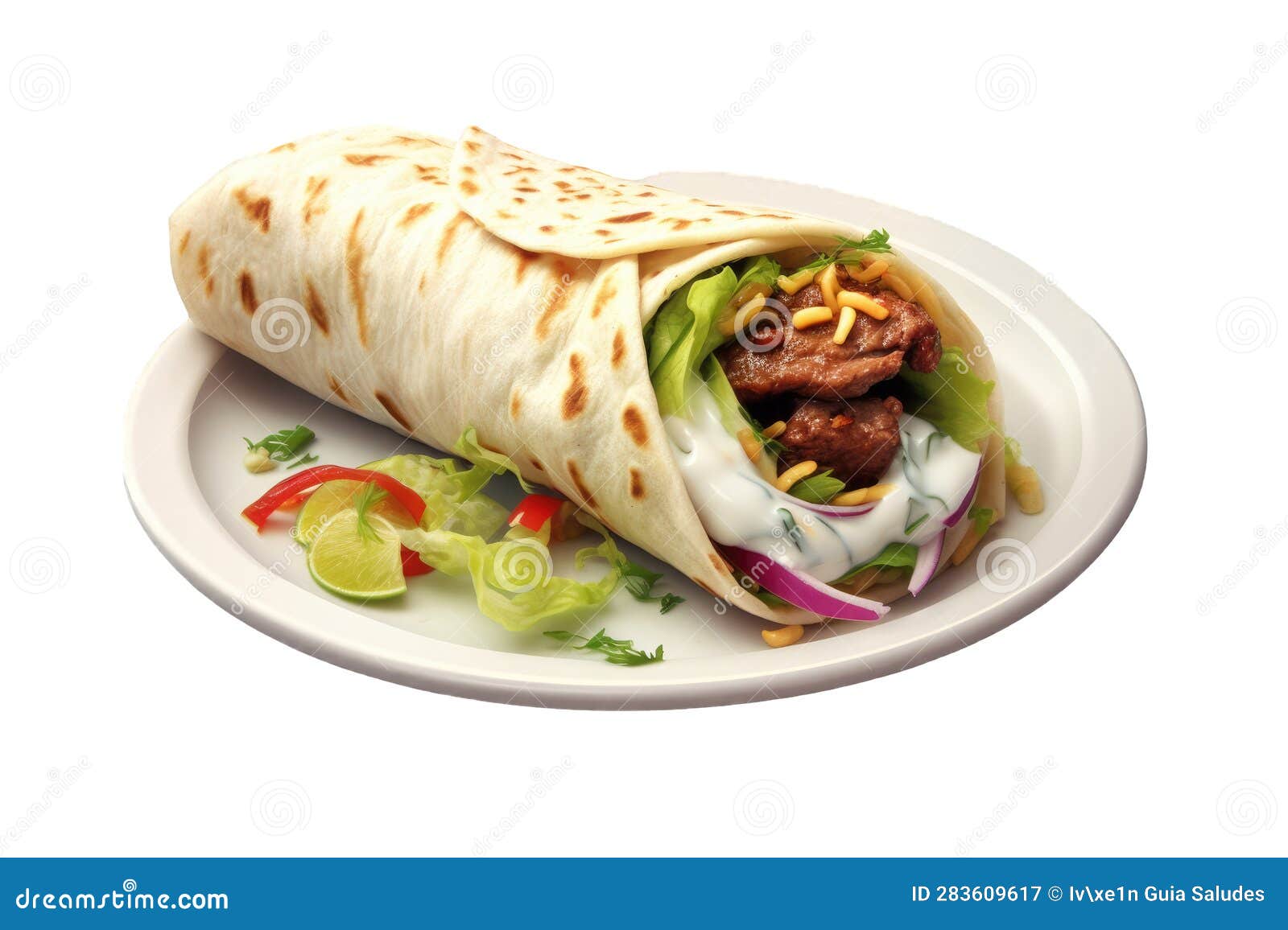 typical indian durum roll with meat on a white plate on a transparent background. generative ai