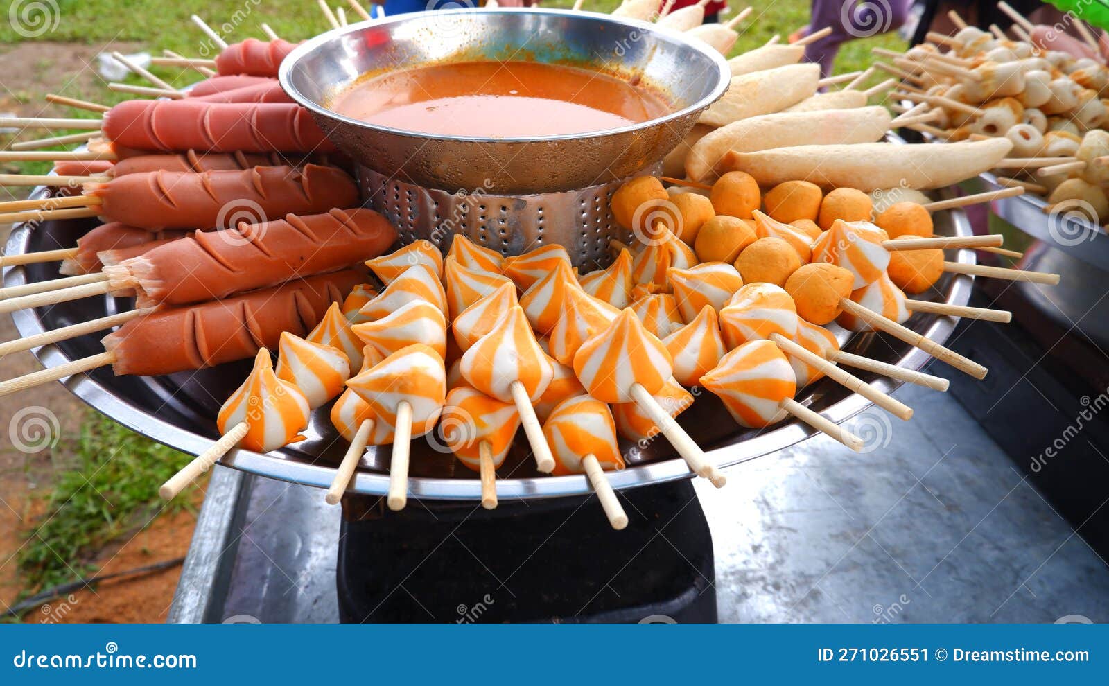 Indonesian Street Food Sausages and Nuget, beside a Field Stock Image