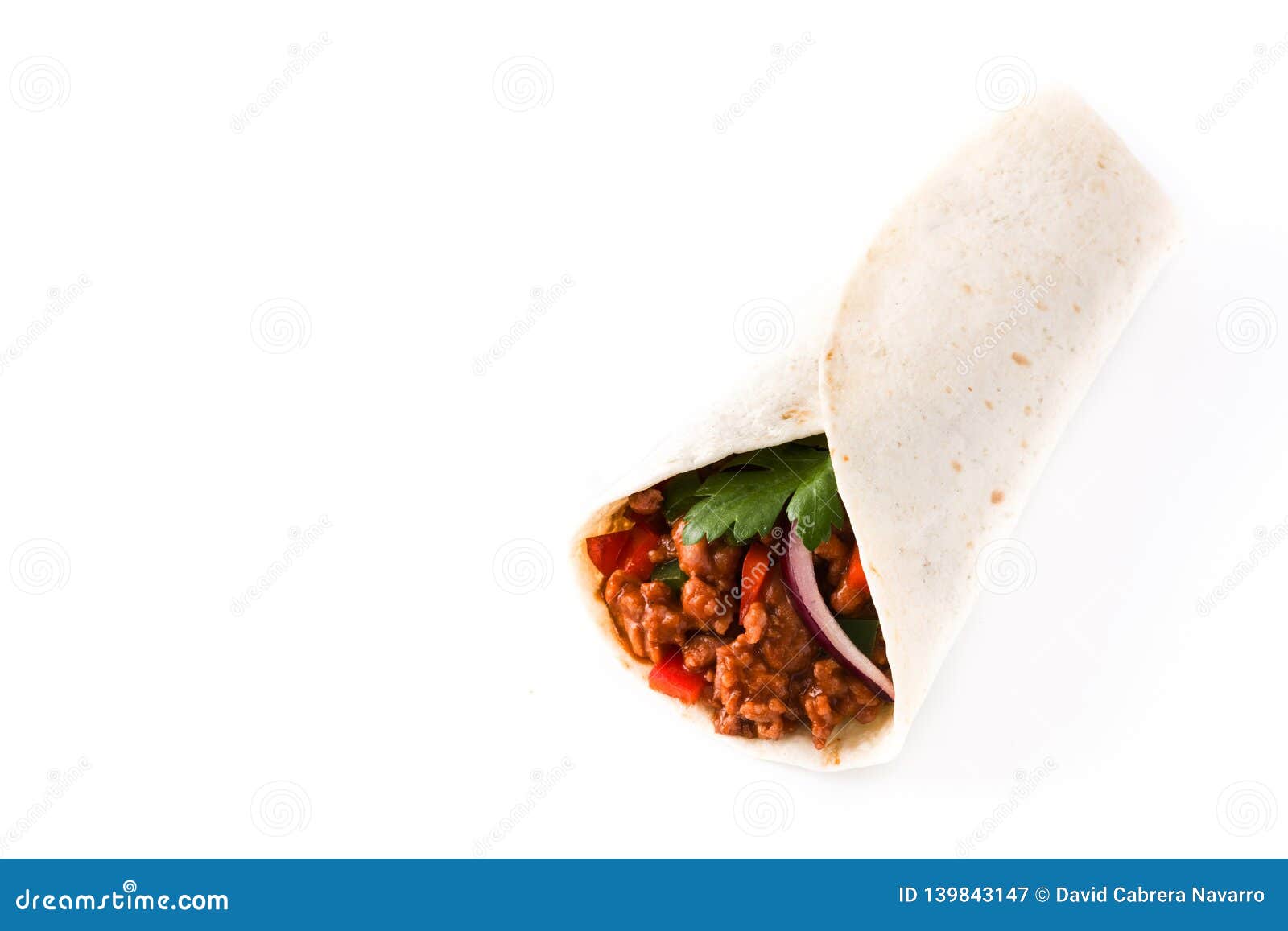 typical mexican burrito wrap with beef, frijoles and vegetables 