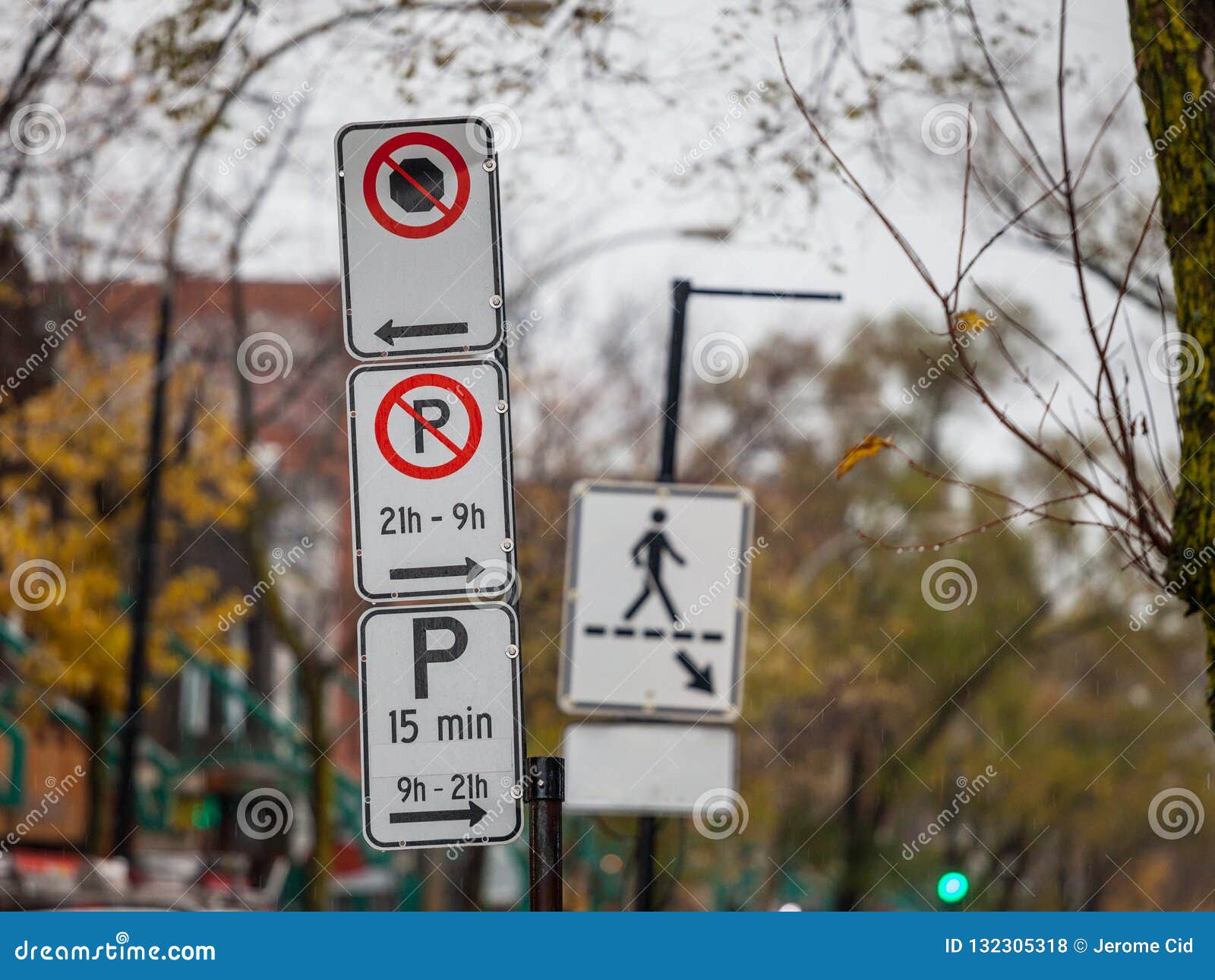 typical north american paking and no parking signs with detailed instructions on the parking regulations taken in montreal, quebec