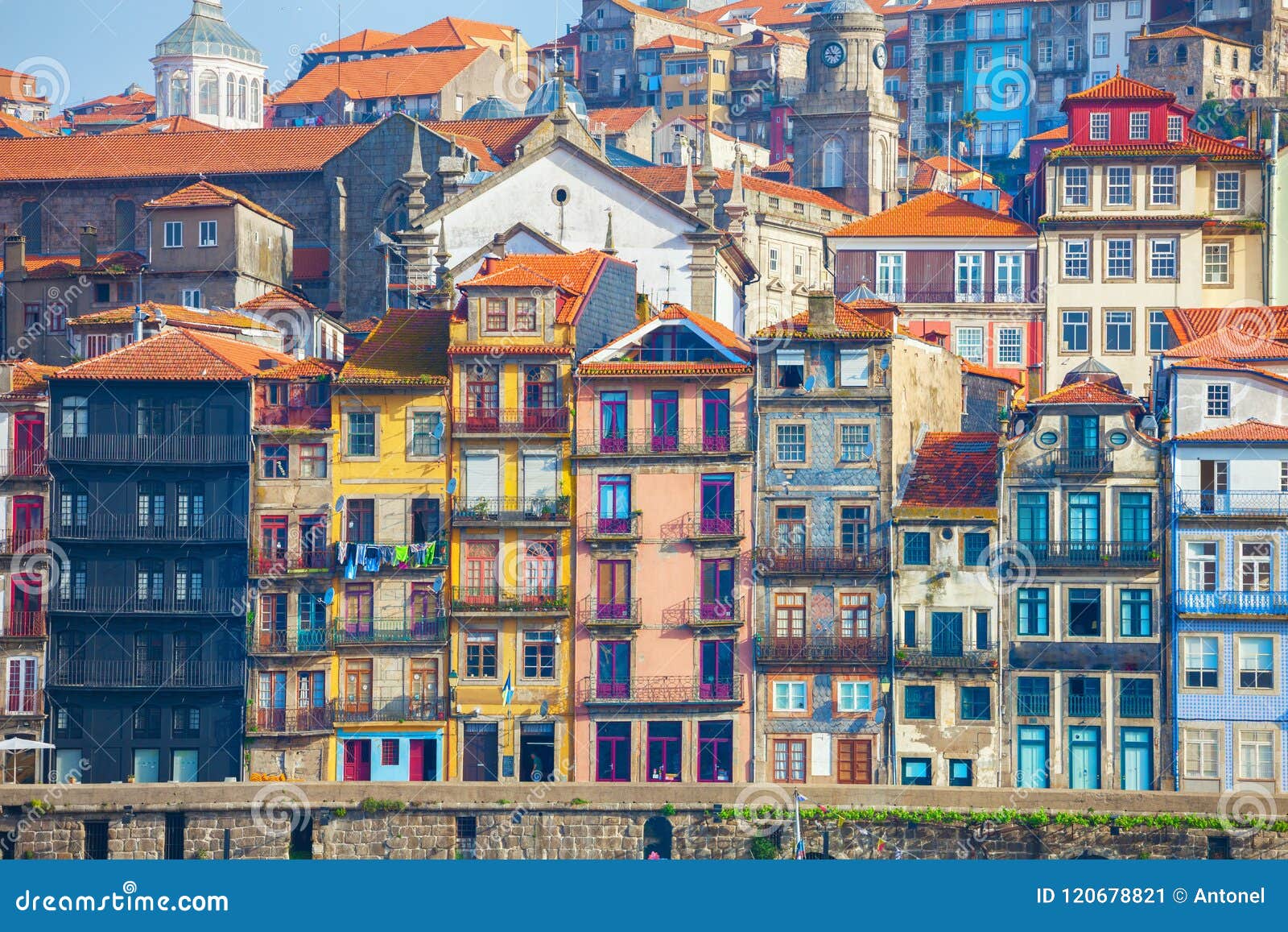 typical old houses with colorful facades at ribeira district, porto, portugal