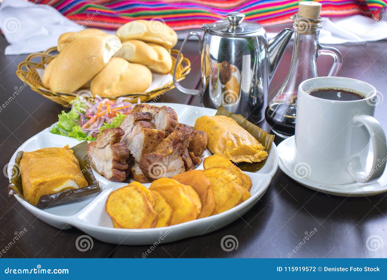 peruvian food: chicharrones, tamales, camote frito