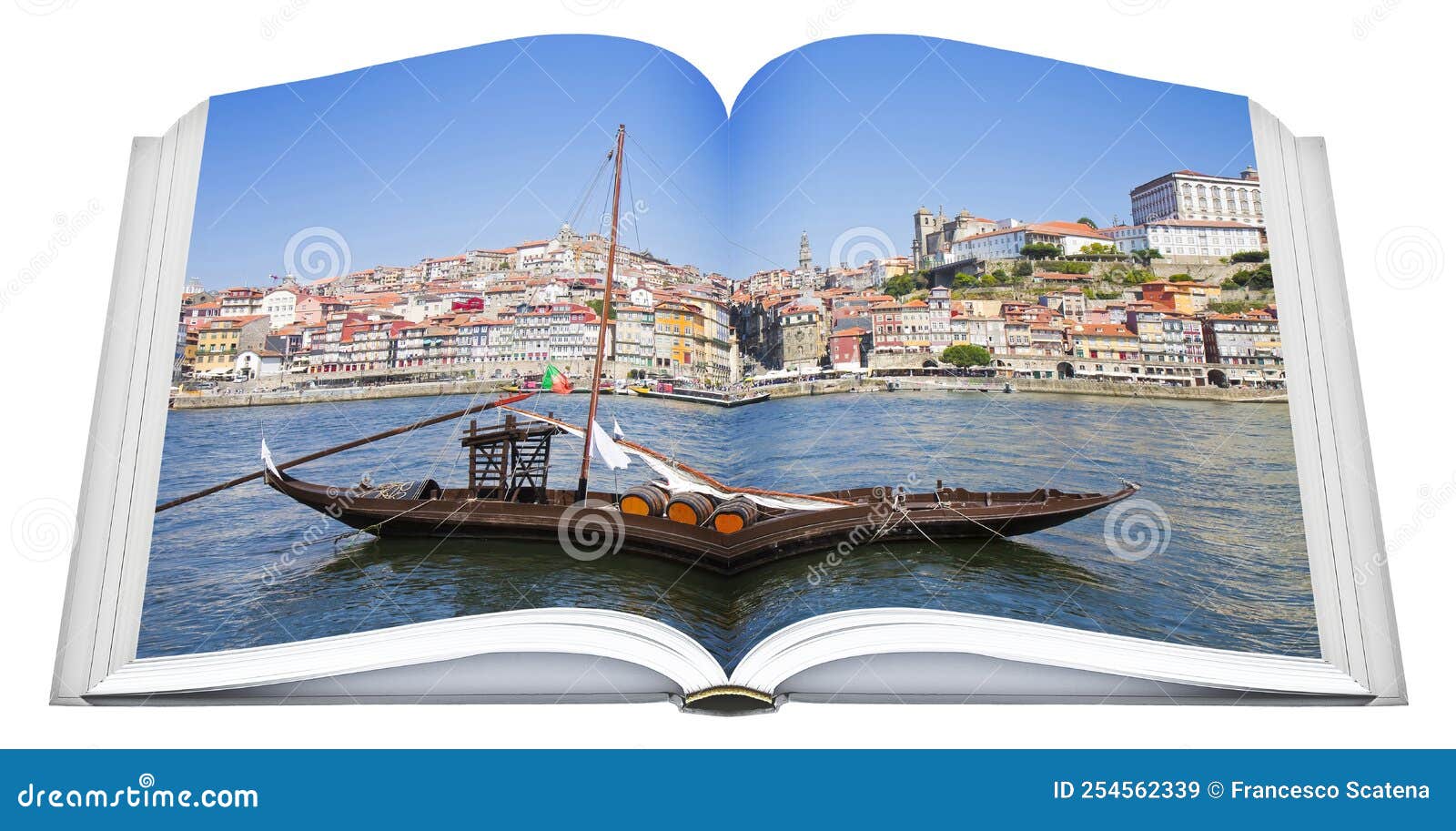 typical portuguese wooden boats, called barcos rabelos - real opened book concept  on white portugal