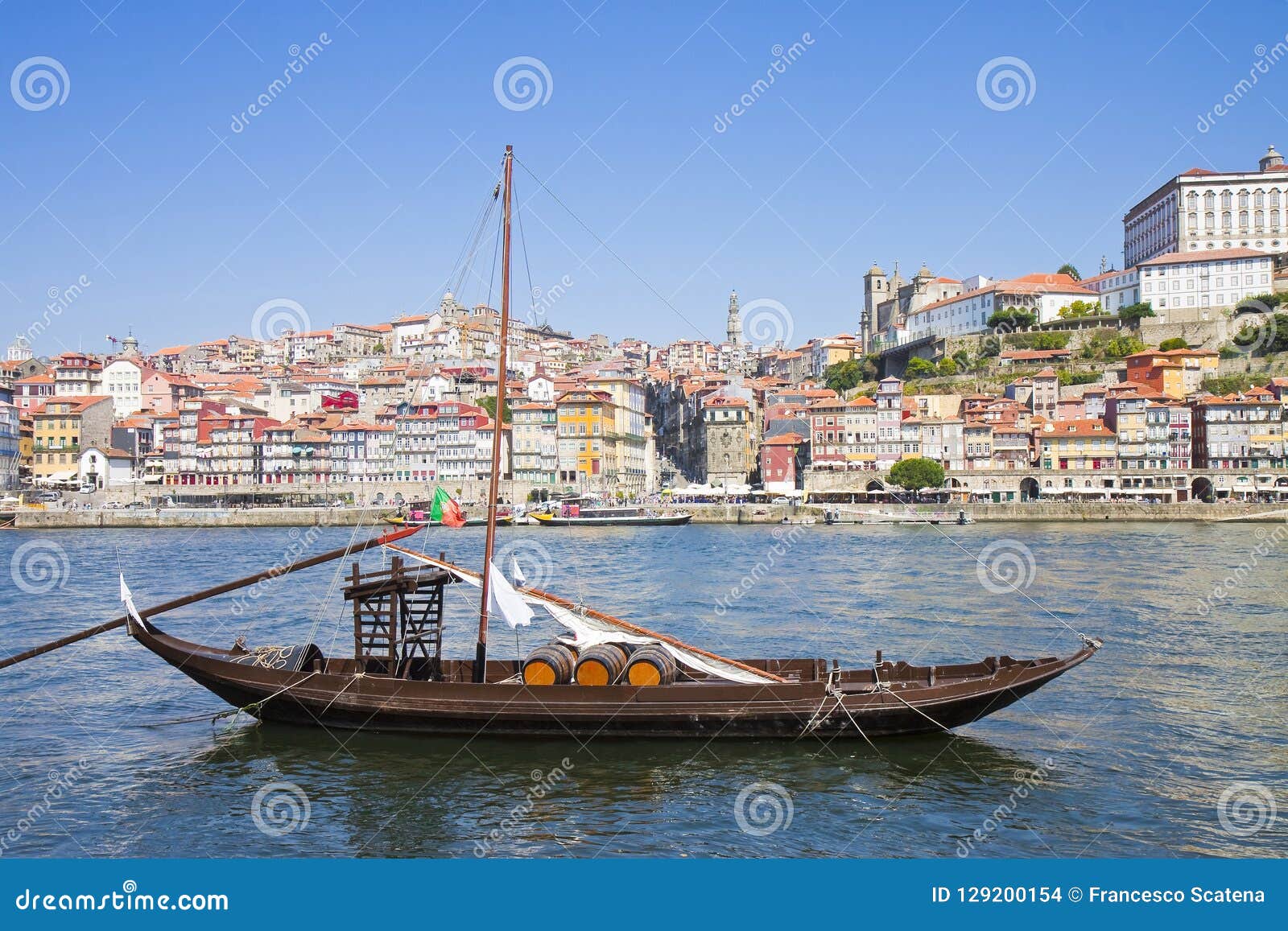 typical portuguese wooden boats, called `barcos rabelo`, used in the past to transport the famous port wine porto-oporto-portugal