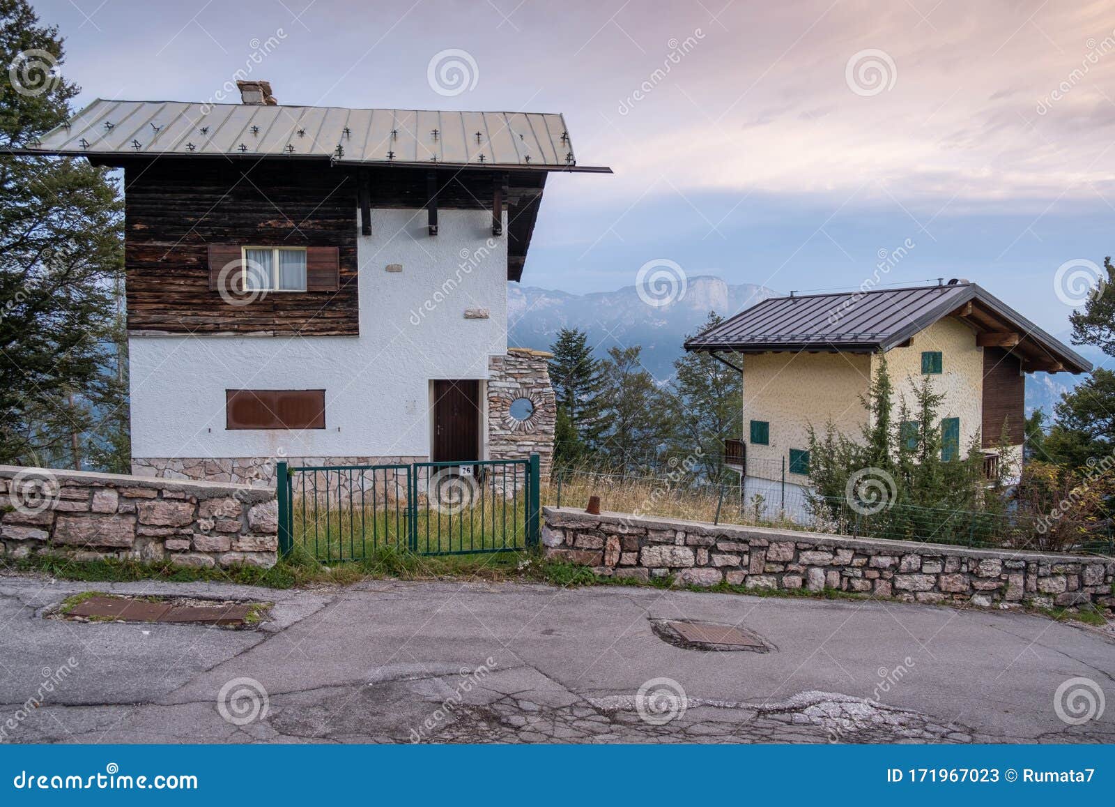 The Typical Small Houses at Dolomite Alps Village Editorial Stock Photo