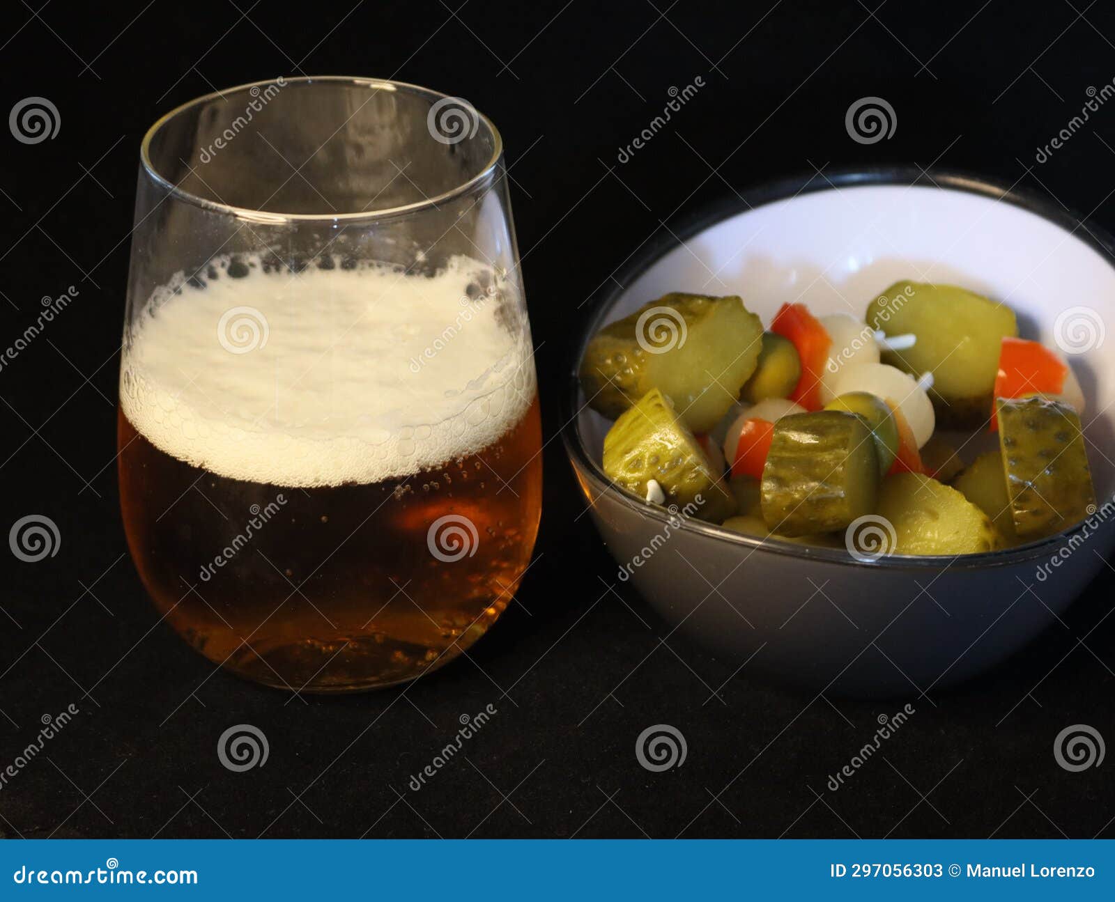 typical spanish aperitif accompany pickle beer olives pepper