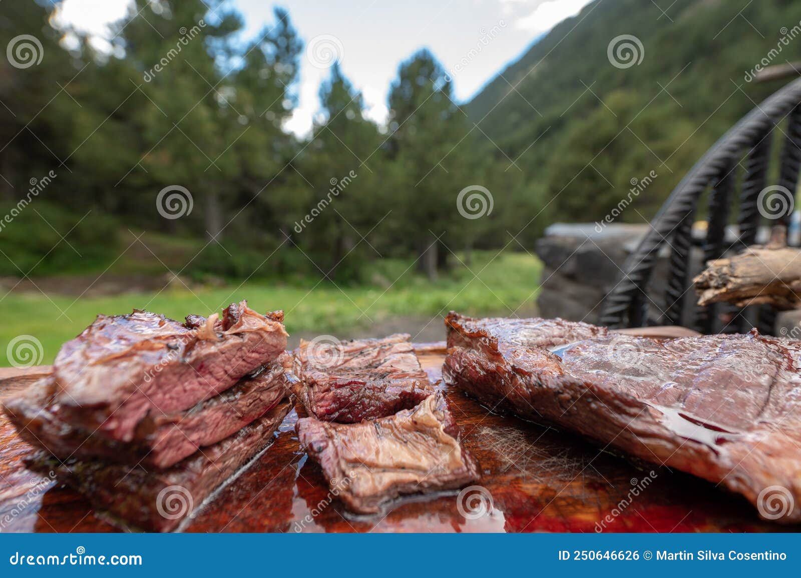 typical uruguayan and argentine asado cooked on fire. entrana and vacio meat cuts. accompanied with chorizo