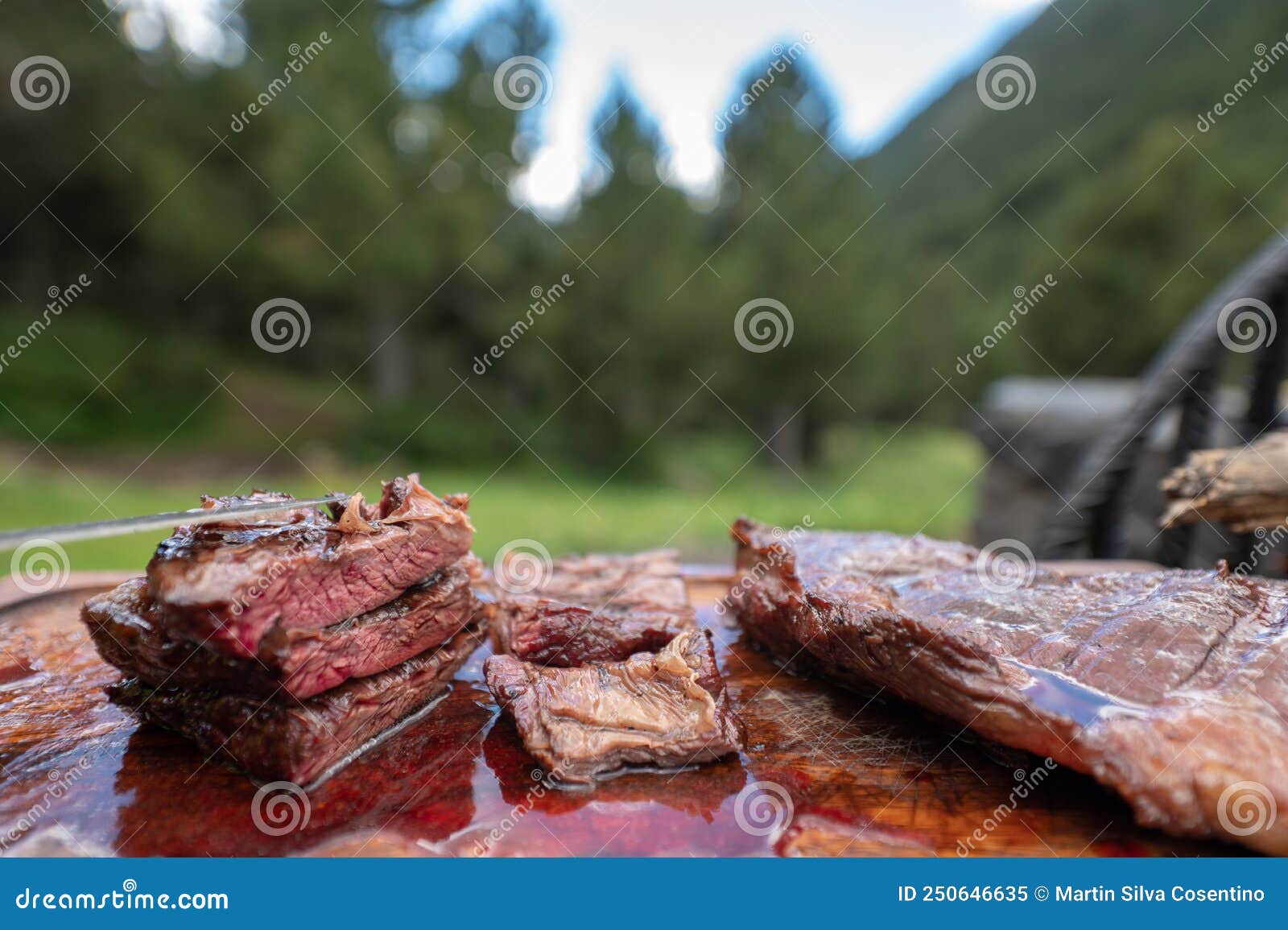 typical uruguayan and argentine asado cooked on fire. entrana and vacio meat cuts. accompanied with chorizo