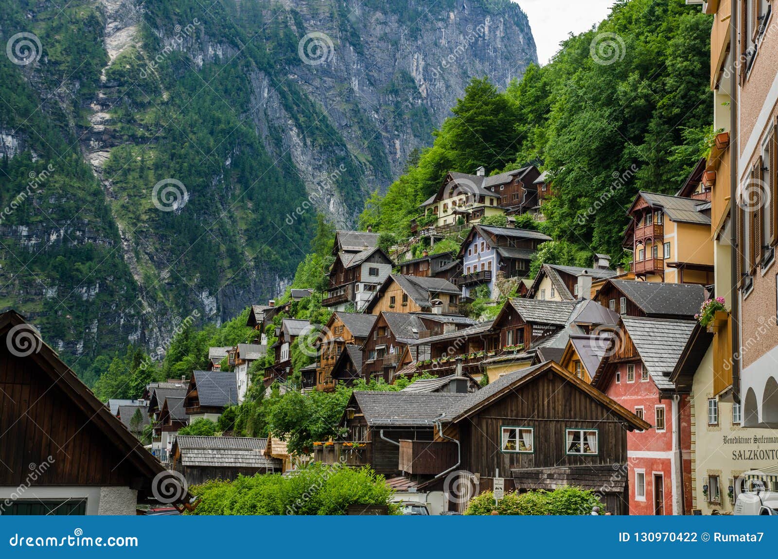 Typical Vintage Authentic Houses in Hallstatt, Austria. Editorial Photography Image of green