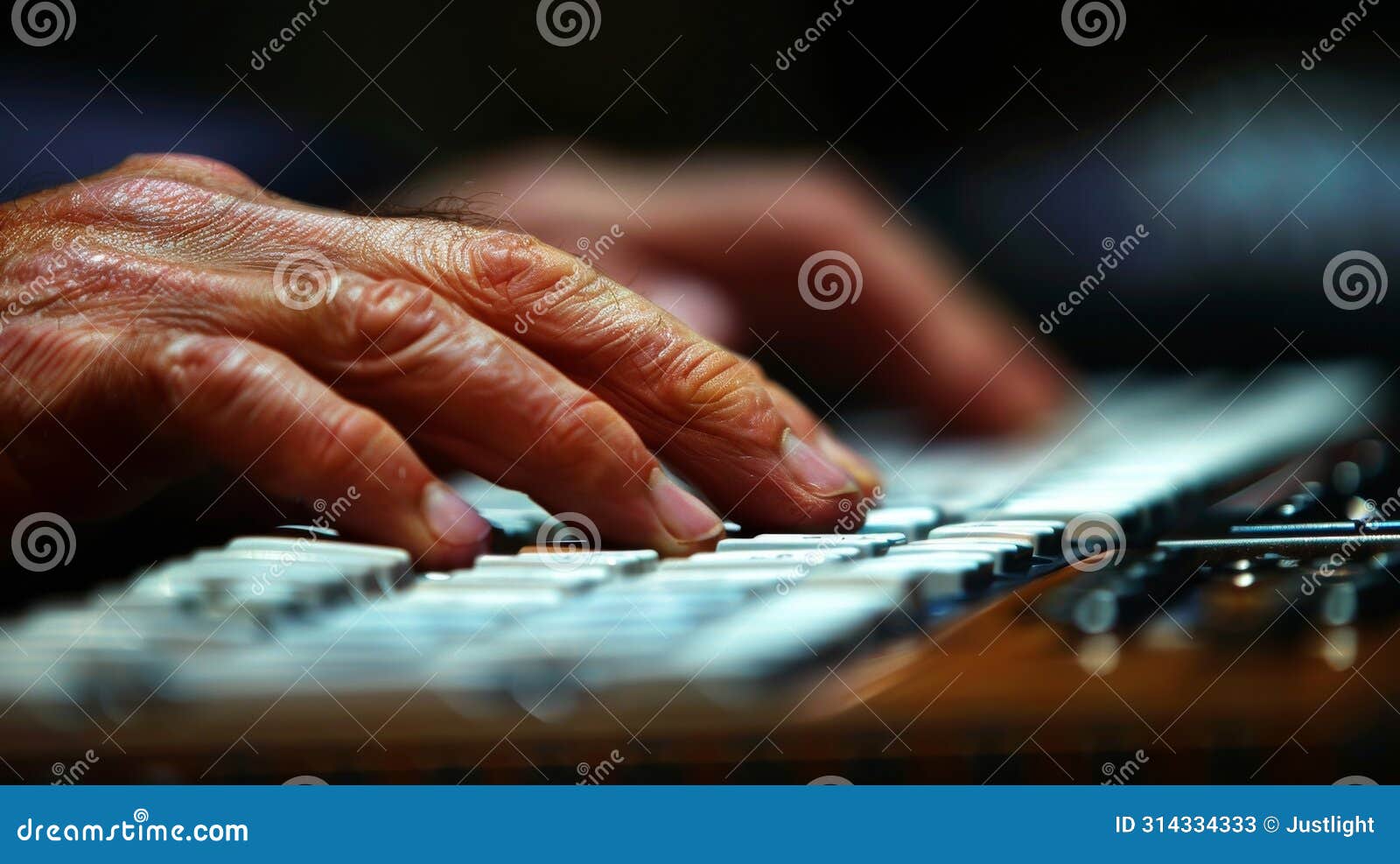 a typists fingers glide effortlessly across a keyboard typing with speed and accuracy like a virtuoso dancer on stage.