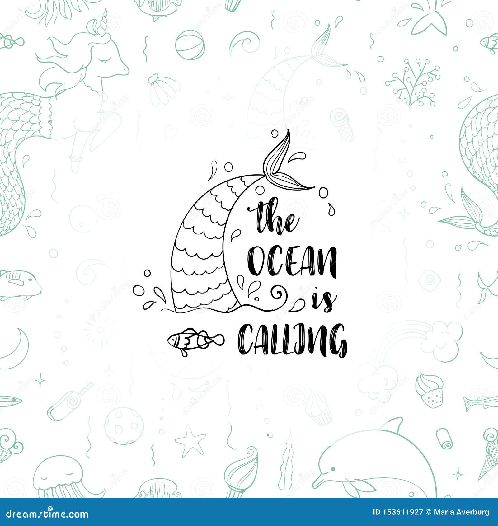 Typography Design the Ocean is Calling. Seamless Pattern with Fantasy  Doodles of Mermaid Theme Stock Vector - Illustration of drawn, fairy:  153611927