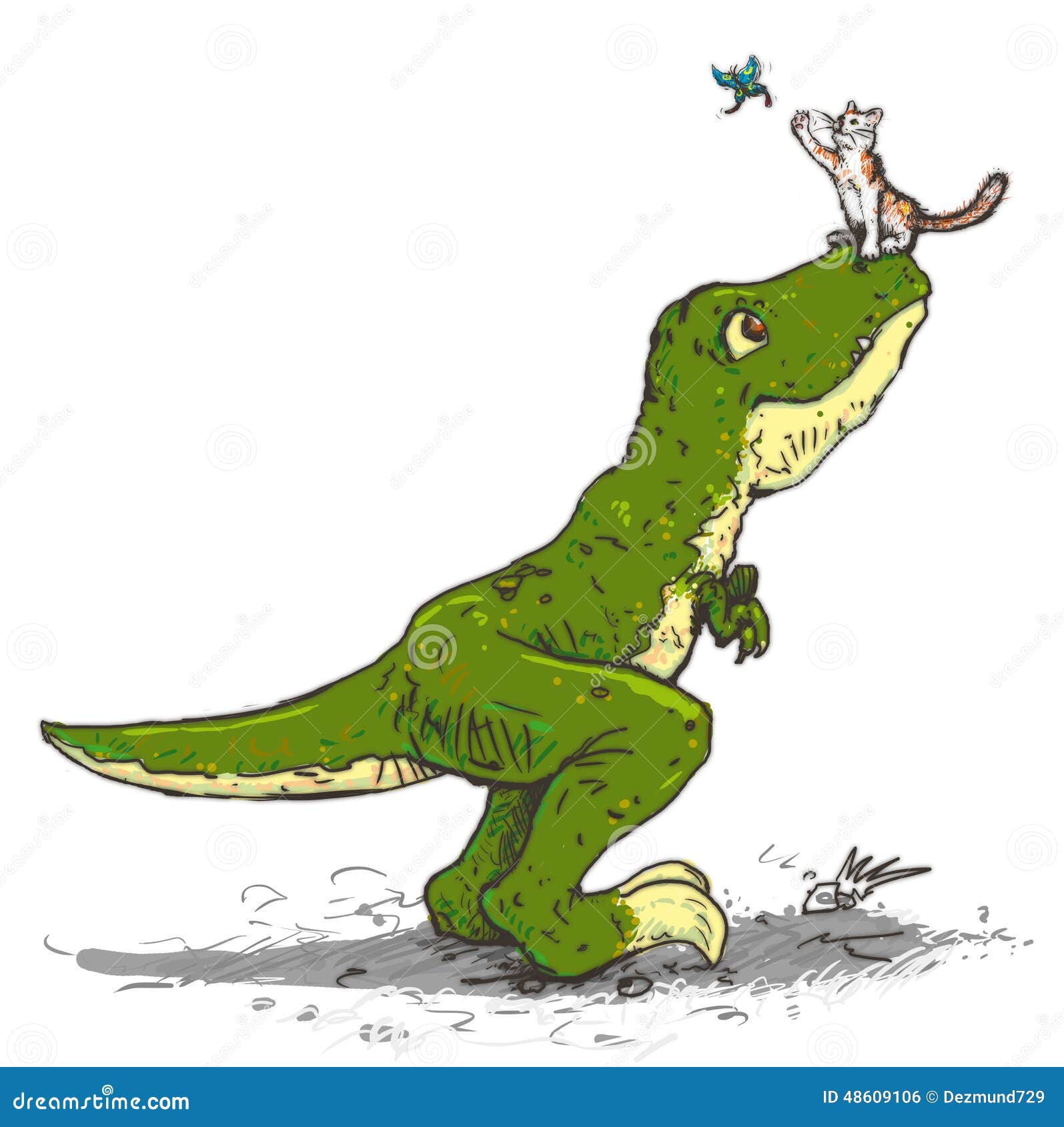 Tyrannosaurus And A Cat Catch The Butterfly Stock Illustration - Image: 48609106