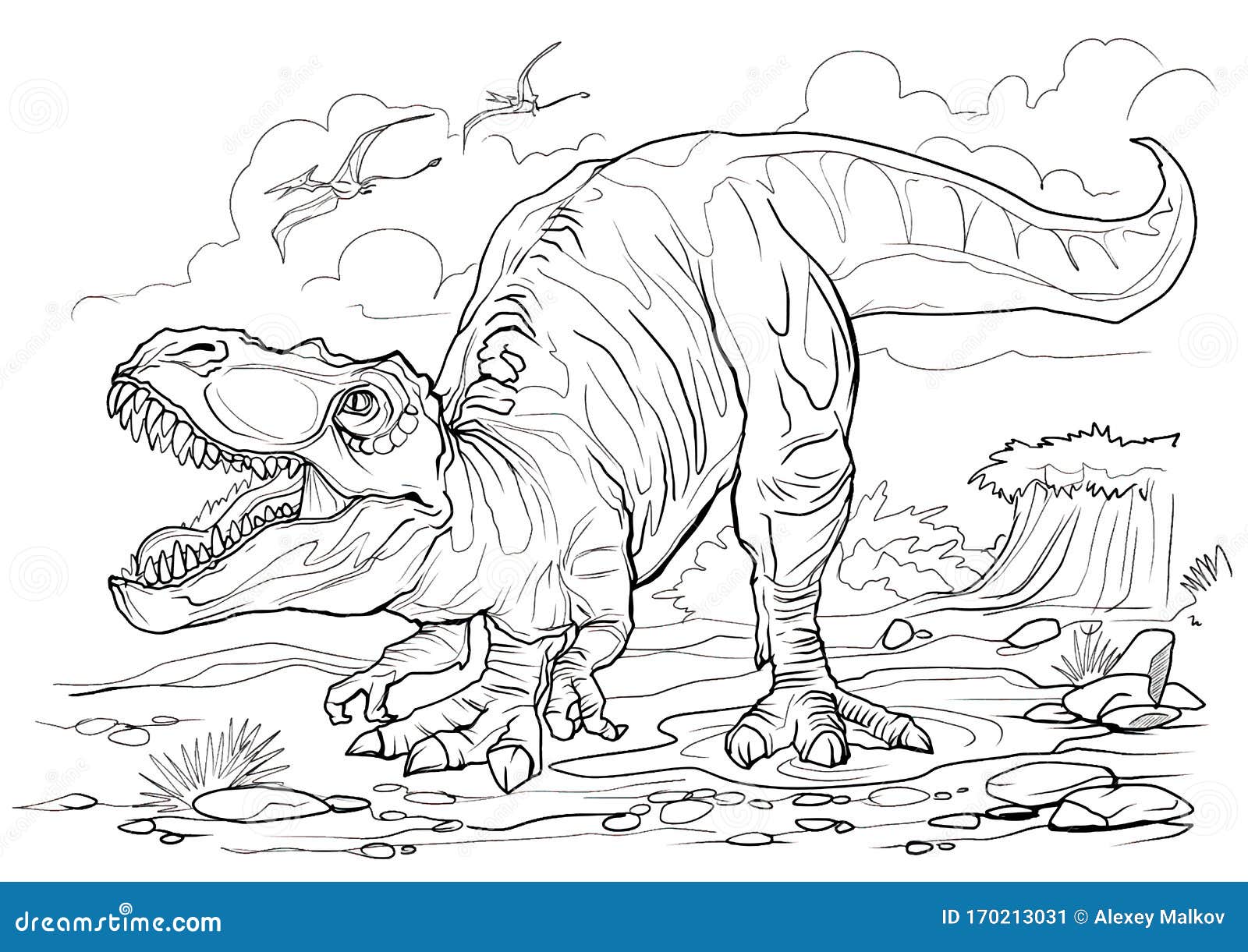 Tyrannosaurus. Dinosaur Coloring Page for Children and Adults, Hand