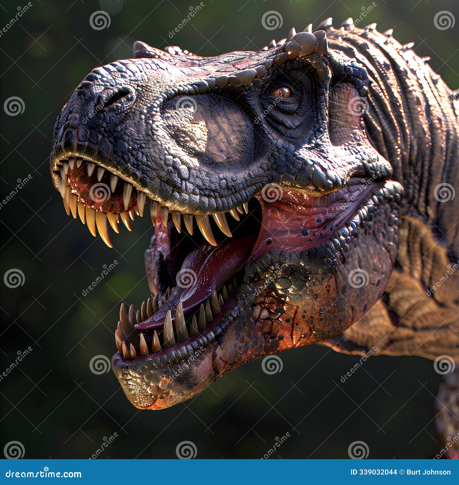 tyrannosaurus rex roaring with sharp teeth and tongue out in a prehistoric jungle