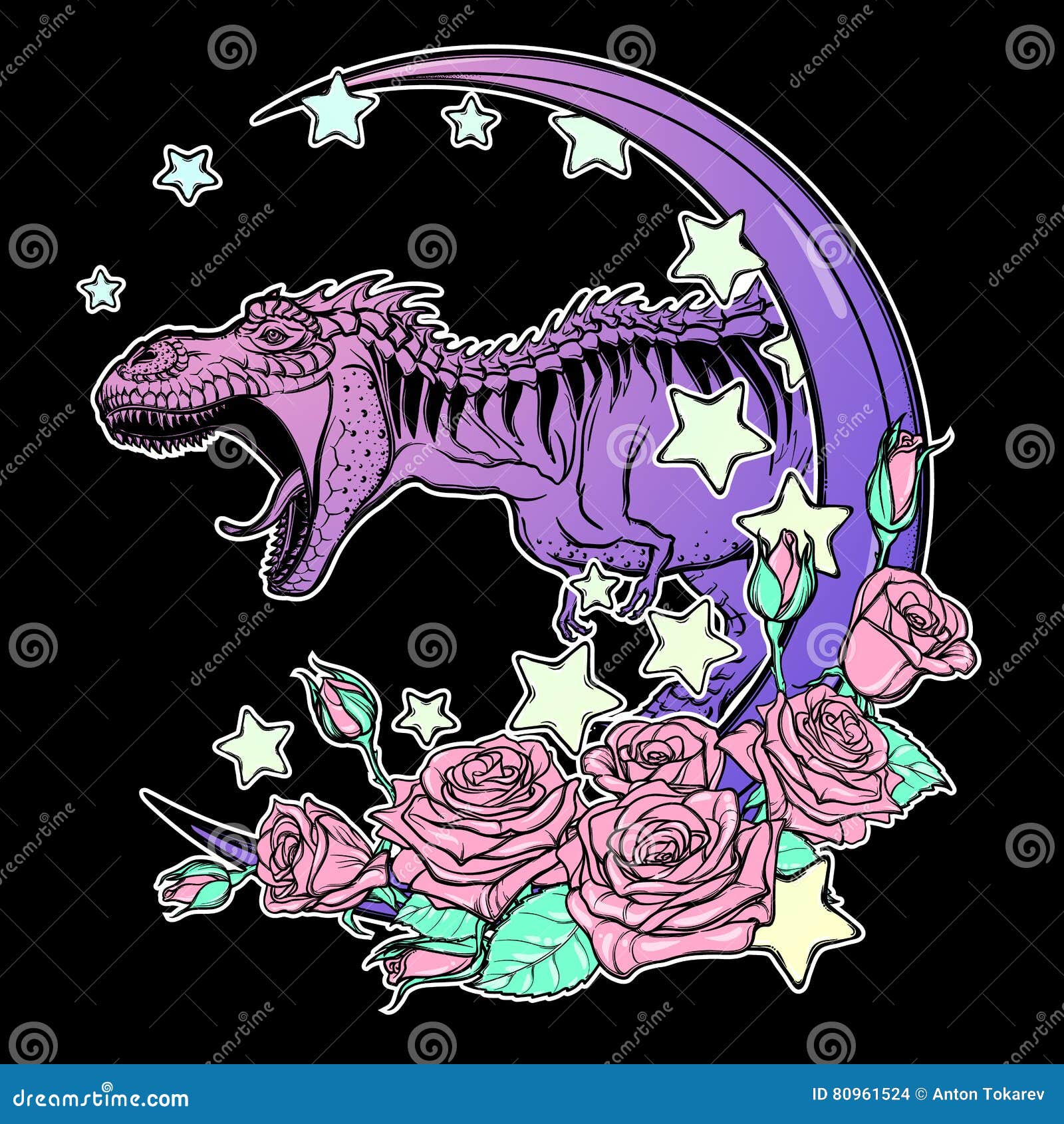 tyrannosaurus roaring with moon and roses frame  on black