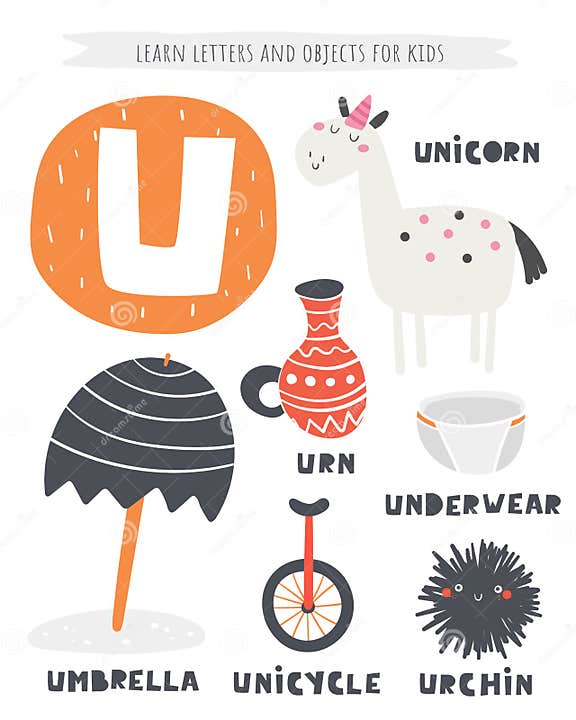 U Letter Objects and Animals Including Unicorn, Urn, Umbrella, Unicycle