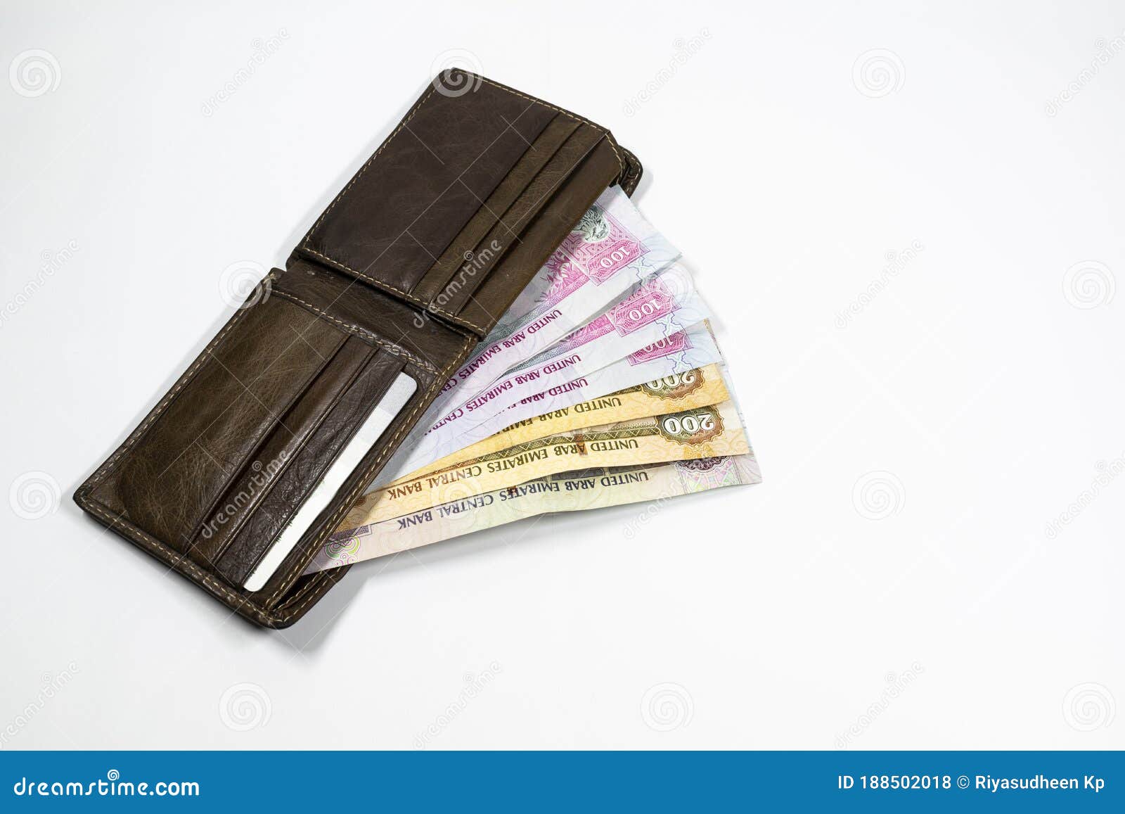 UAE Currency From Wallet, With White Background, UAE Dirhams Stock