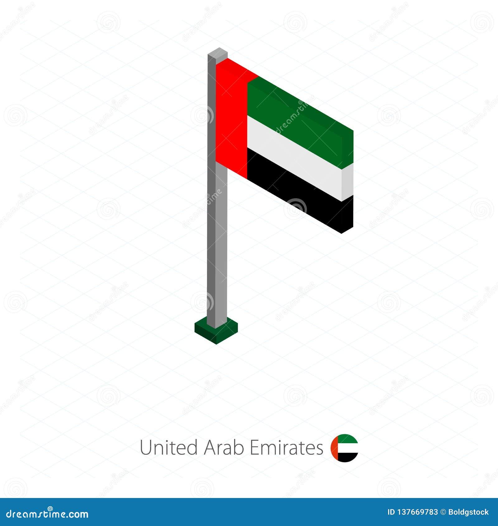 UAE Flag on Flagpole in Isometric Dimension Stock Vector Illustration