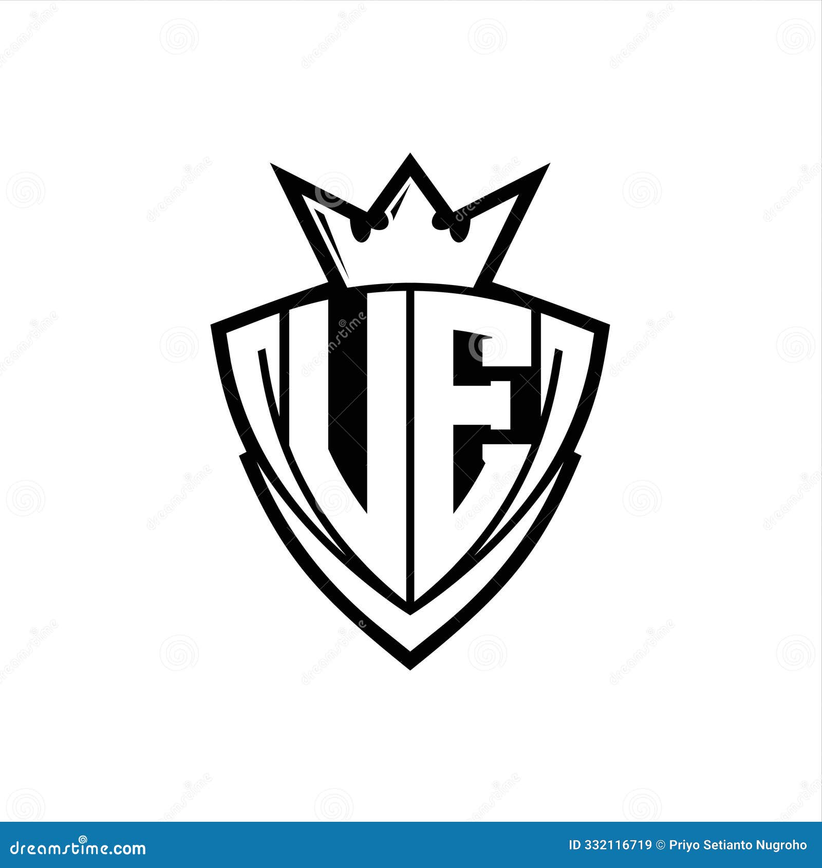 ue letter logo with sharp triangle shield  with crown inside white outline on white background template 