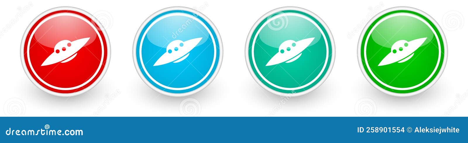 ufo, alien spaceship  icons, colorful glossy buttons on white