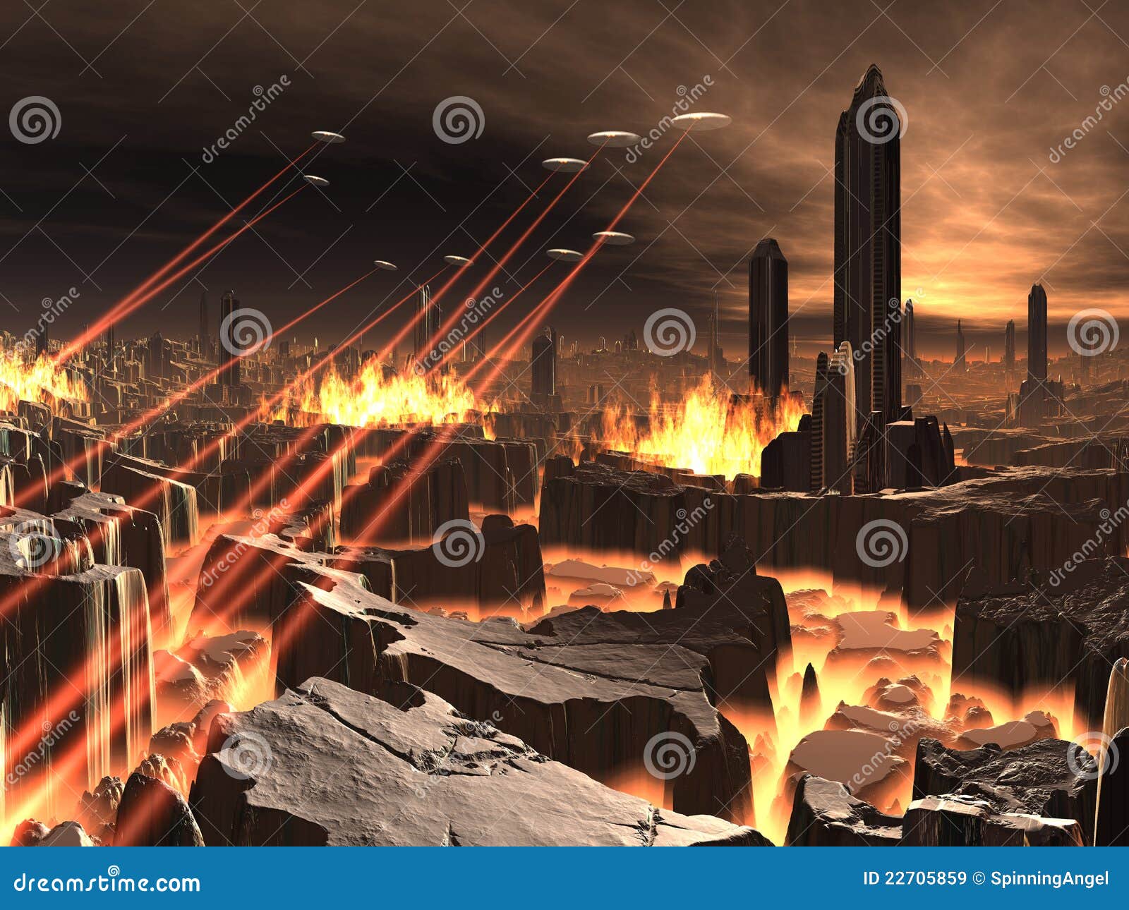 UFO Invasion Of Futuristic City Stock Illustration 